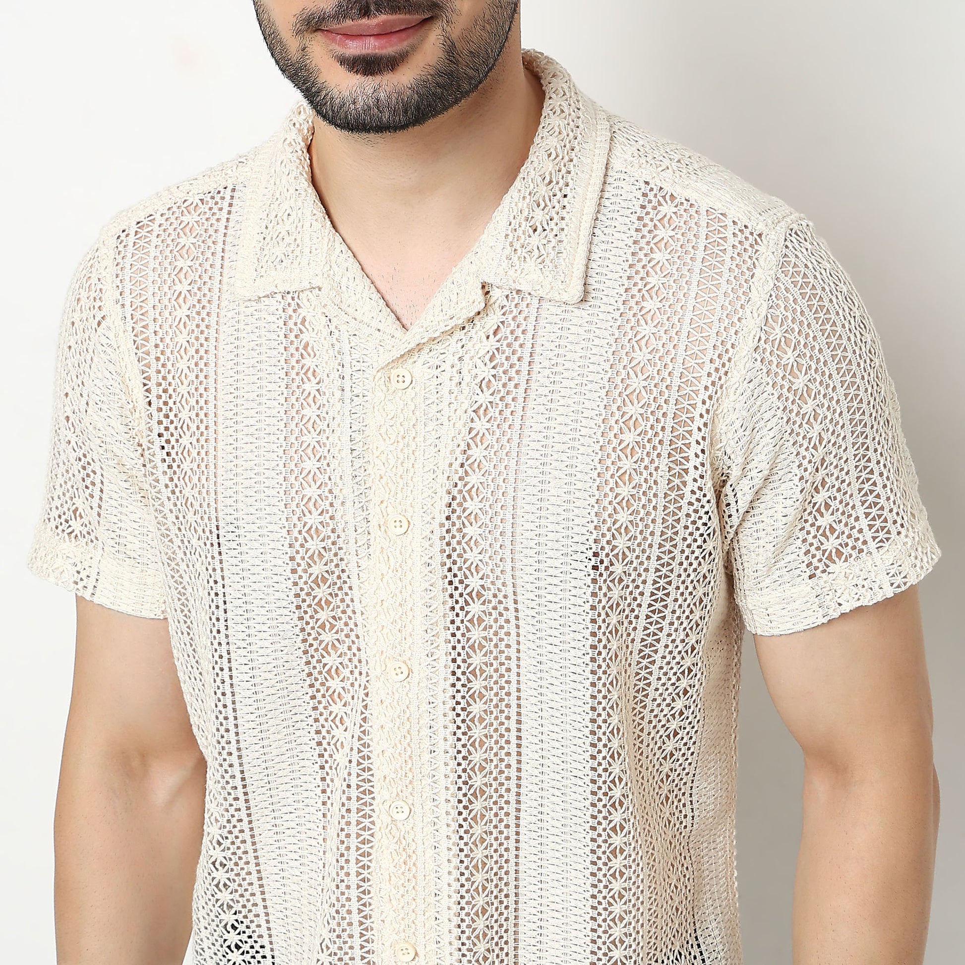 Crochet Camp Collar Cotton Shirt