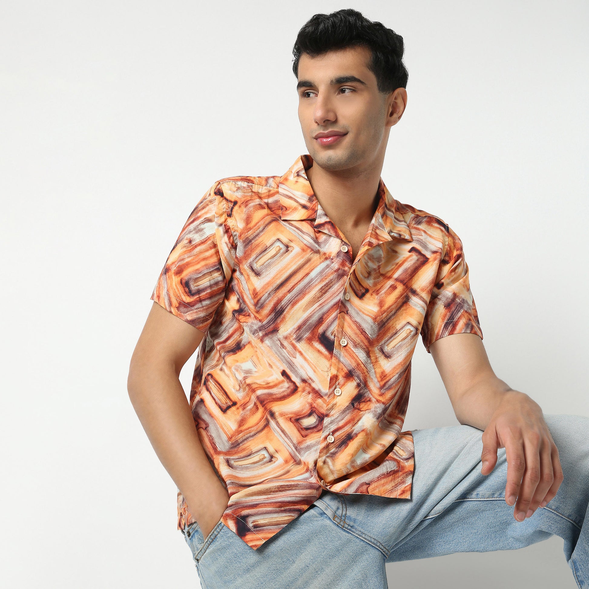 Regular Fit Printed Camp Collar Regular Length Shirt