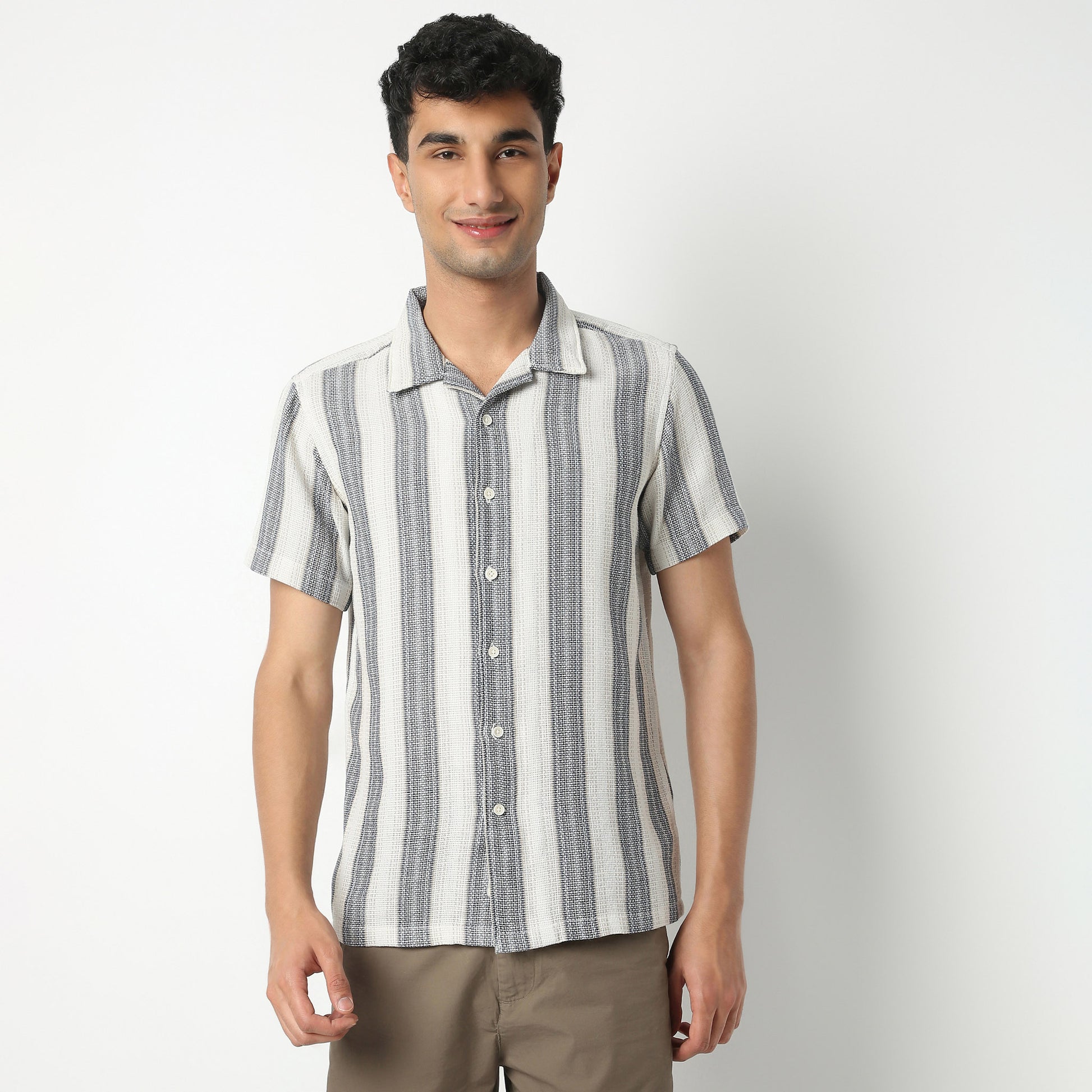 Regular Fit Striped Camp Collar Regular Length Shirt