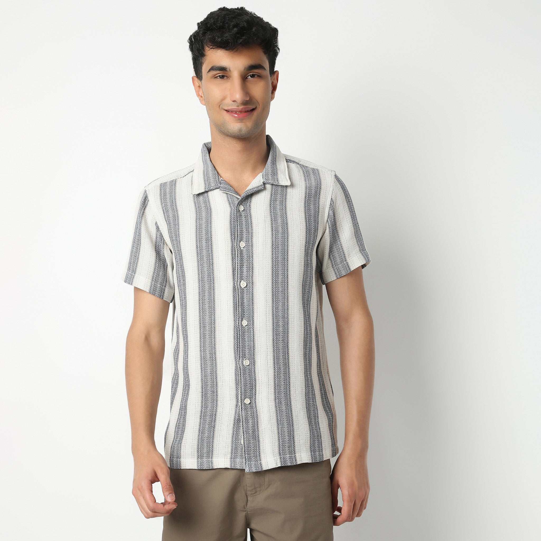 Regular Fit Striped Camp Collar Regular Length Shirt