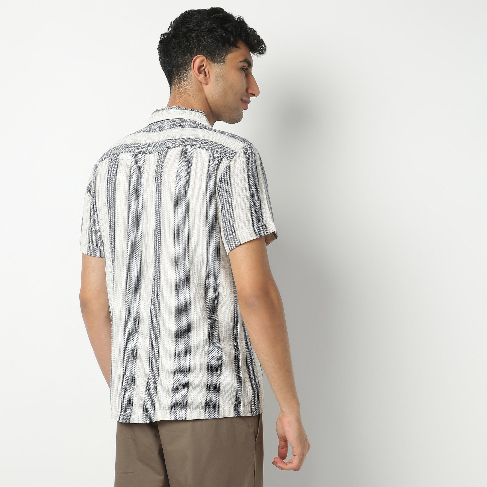 Regular Fit Striped Camp Collar Regular Length Shirt