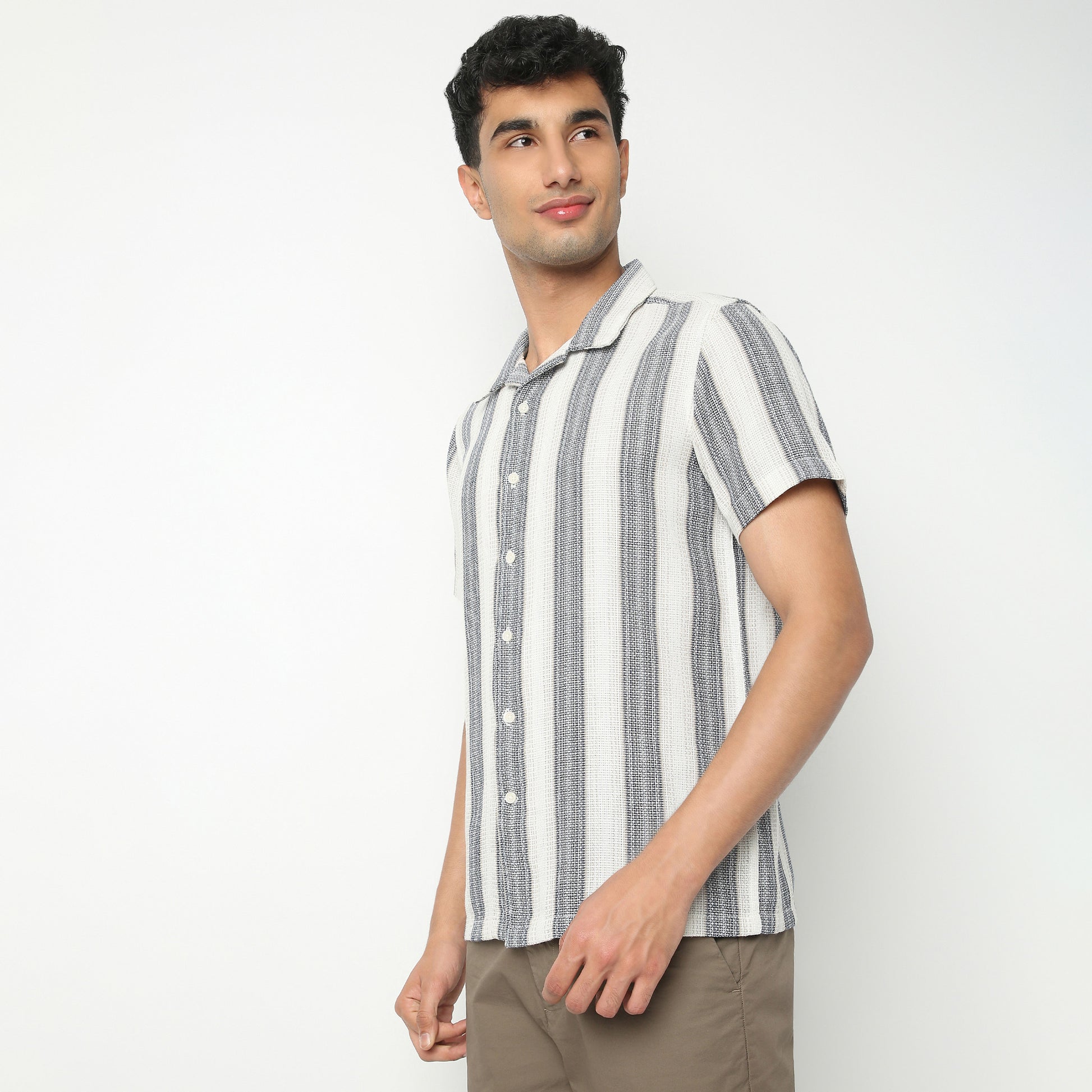 Regular Fit Striped Camp Collar Regular Length Shirt