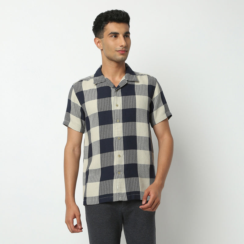 Regular Fit Checkered Camp Collar Shirt