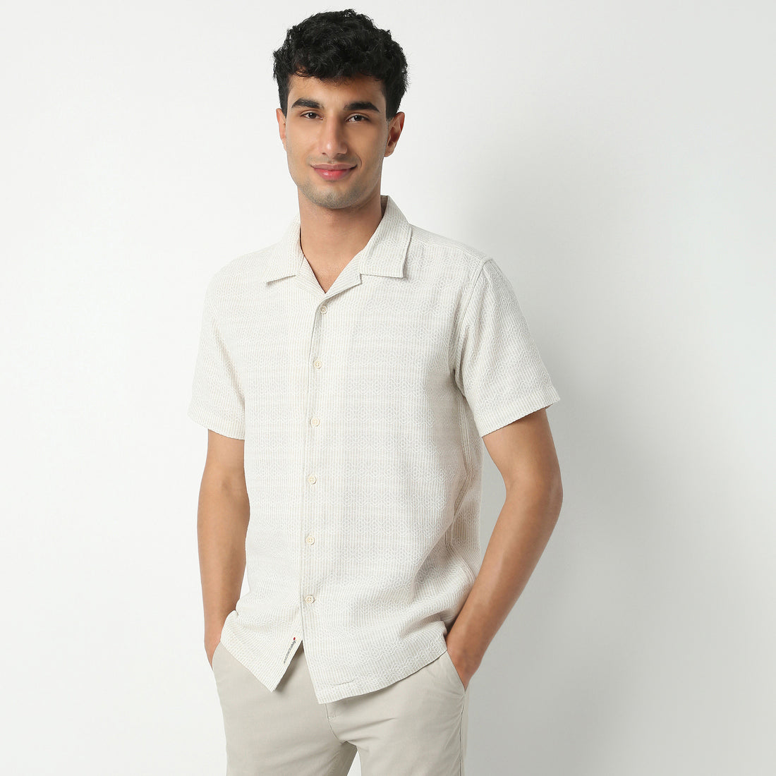 Regular Fit Solid Camp Collar Regular Length Shirt