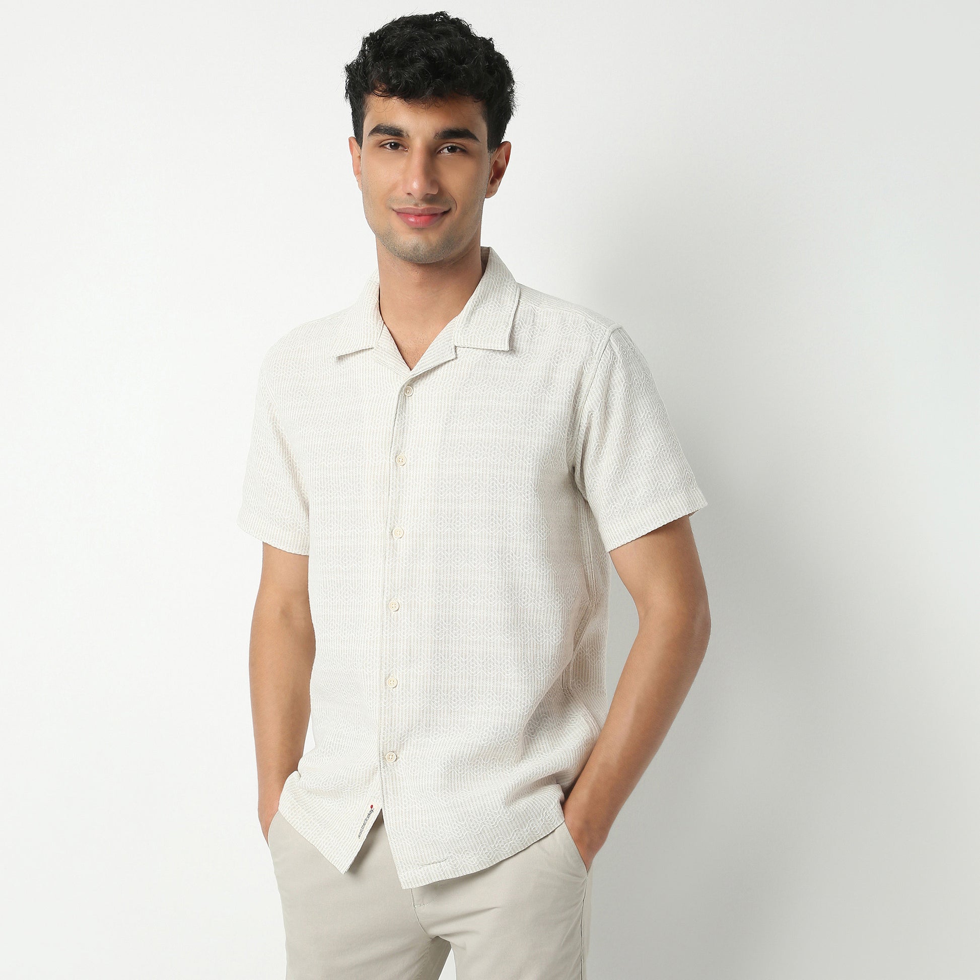 Regular Fit Solid Camp Collar Regular Length Shirt