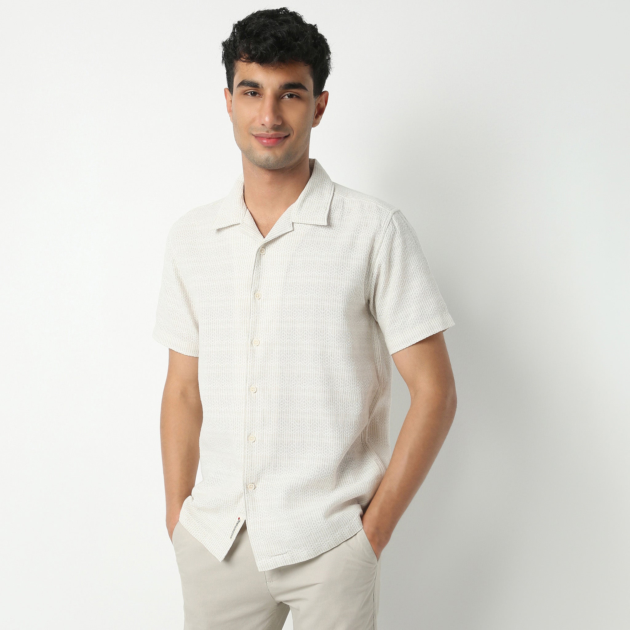 Regular Fit Solid Camp Collar Regular Length Shirt