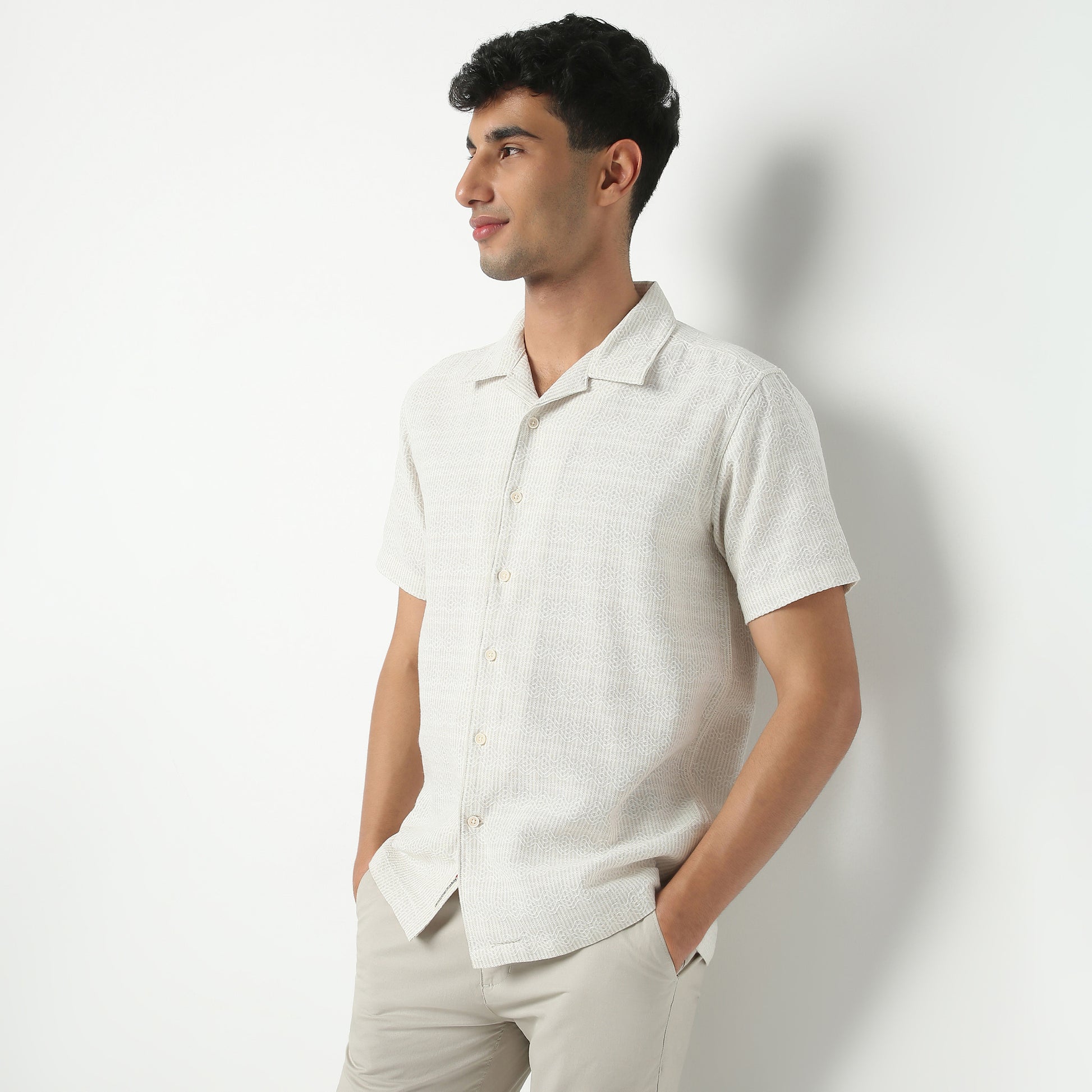 Regular Fit Solid Camp Collar Regular Length Shirt