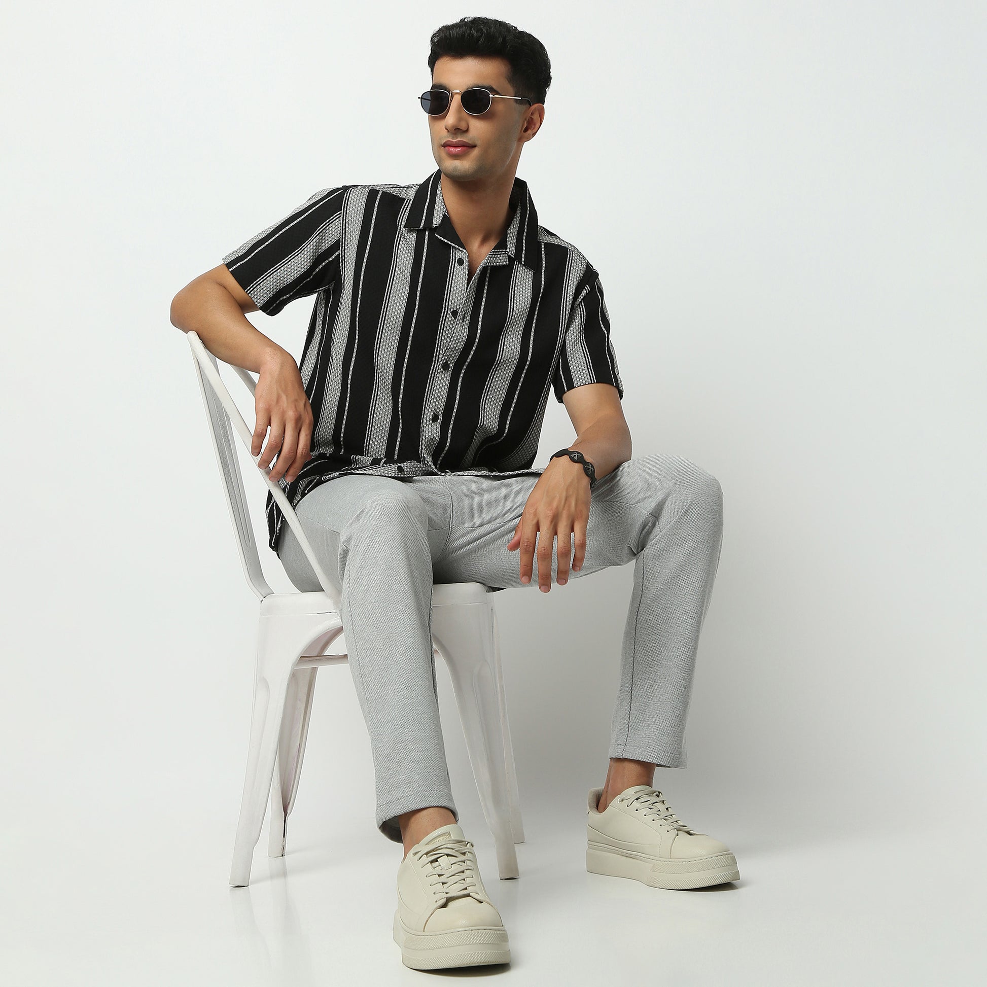 Regular Fit Striped Camp Collar Shirt