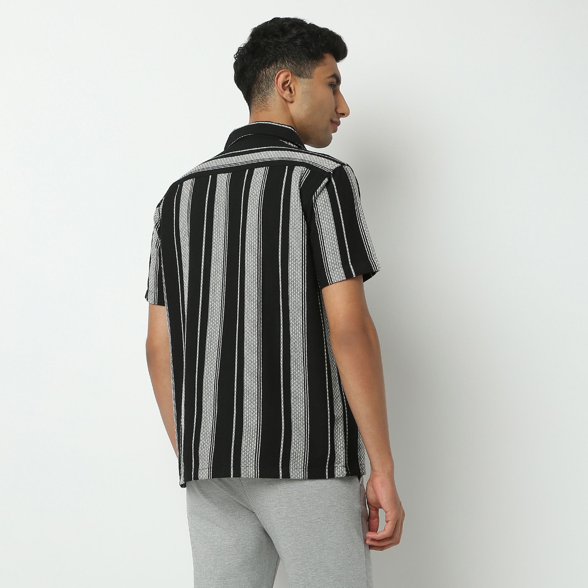 Regular Fit Striped Camp Collar Shirt