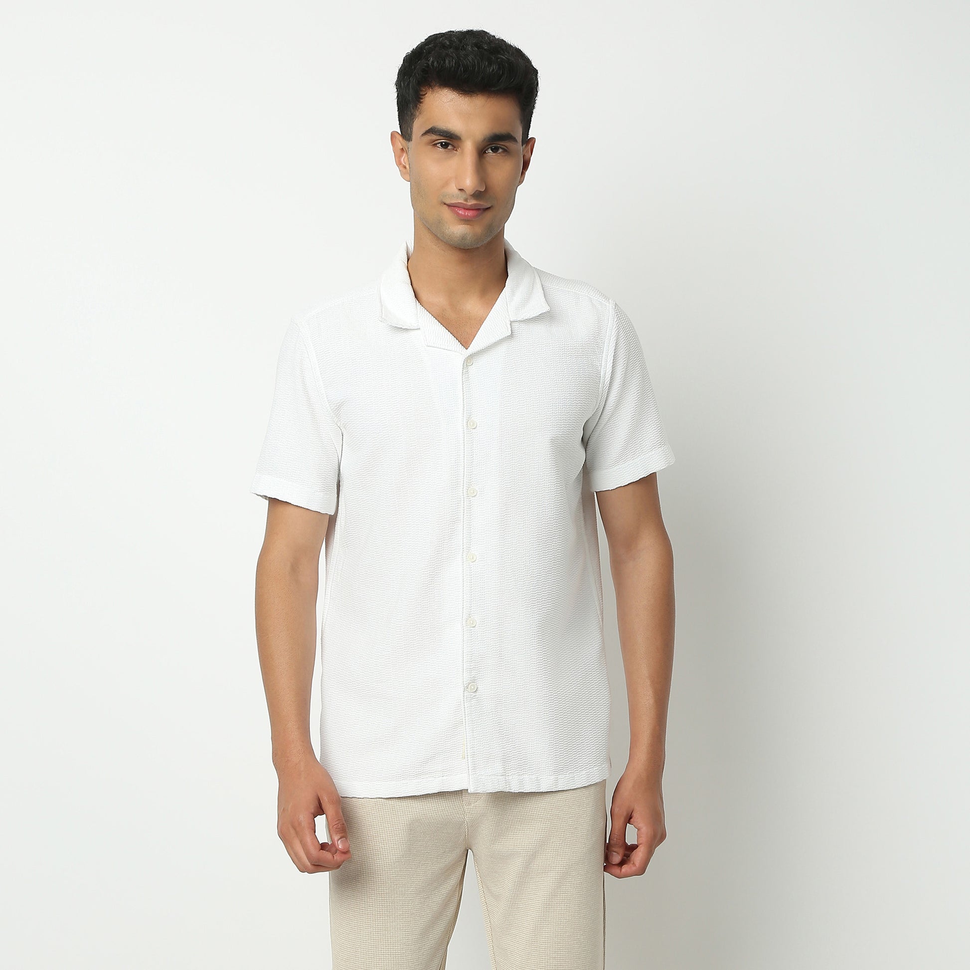 Regular Fit Solid Camp Collar Shirt