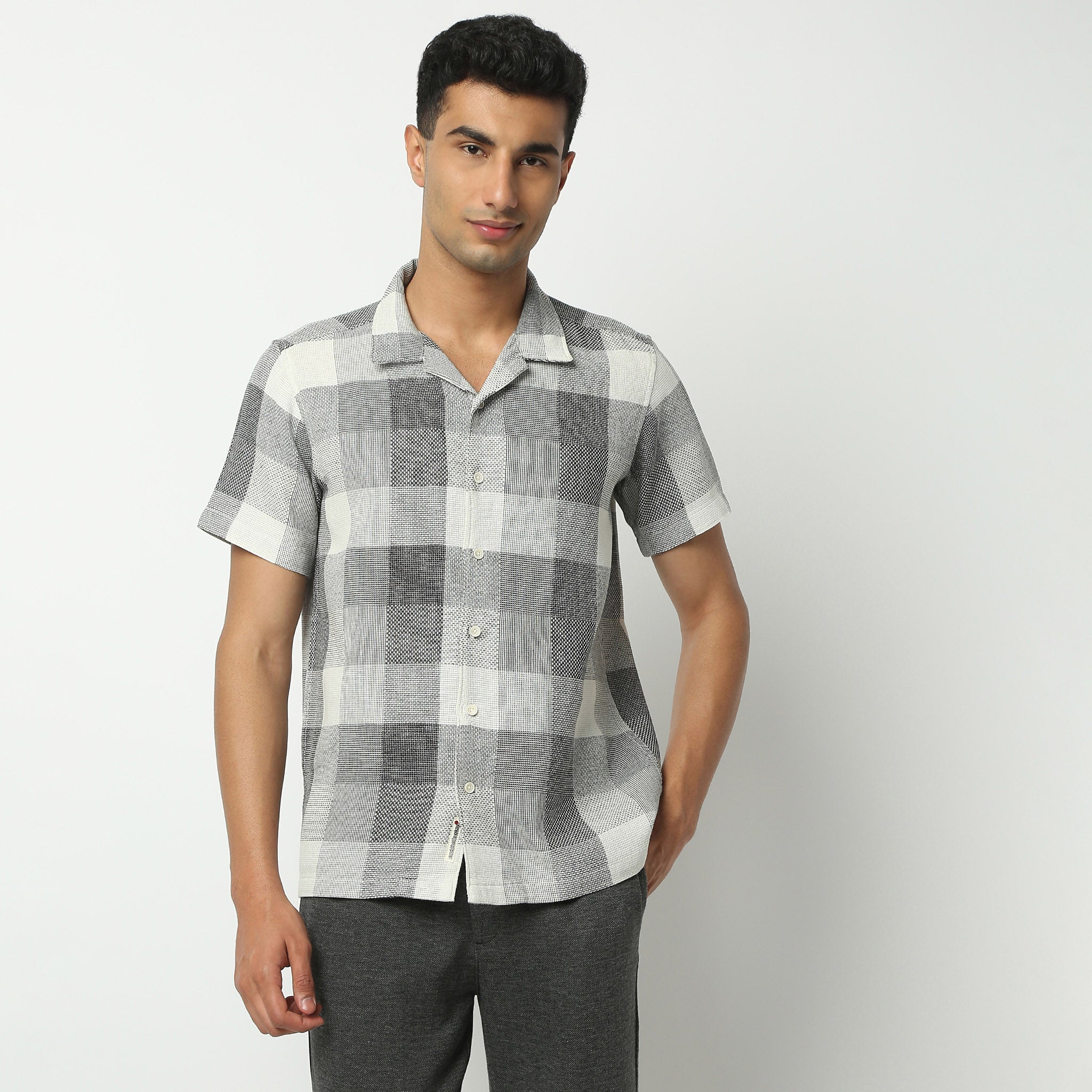 Regular Fit Checkered Camp Collar Shirt
