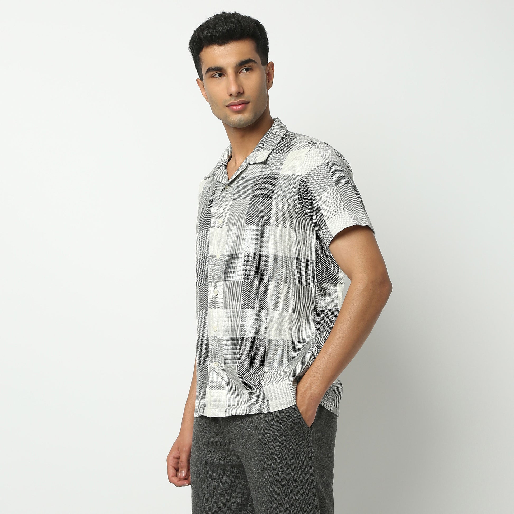 Regular Fit Checkered Camp Collar Shirt