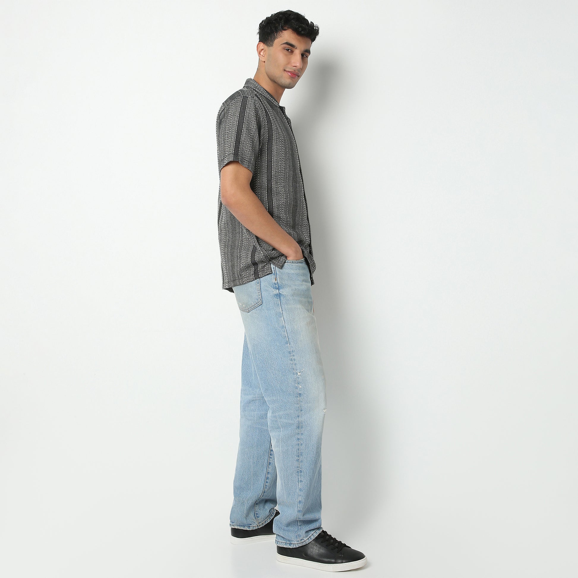 Regular Fit Striped Camp Collar Regular Length Shirt