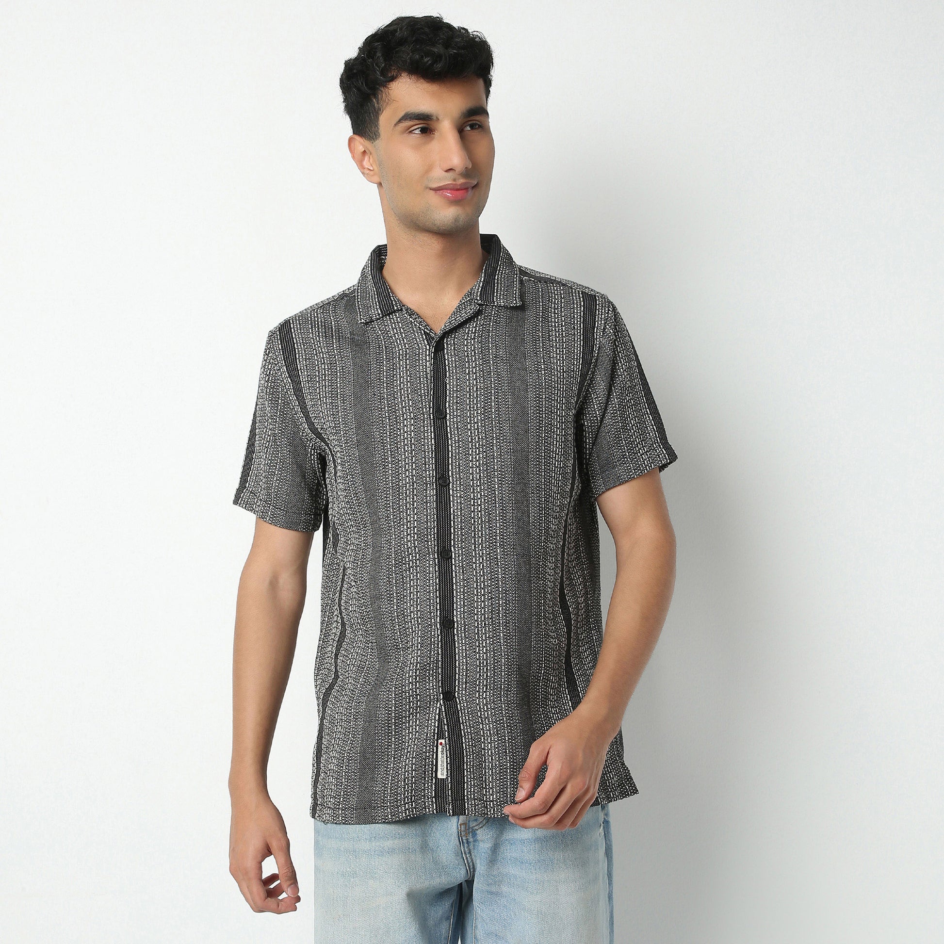 Regular Fit Striped Camp Collar Regular Length Shirt