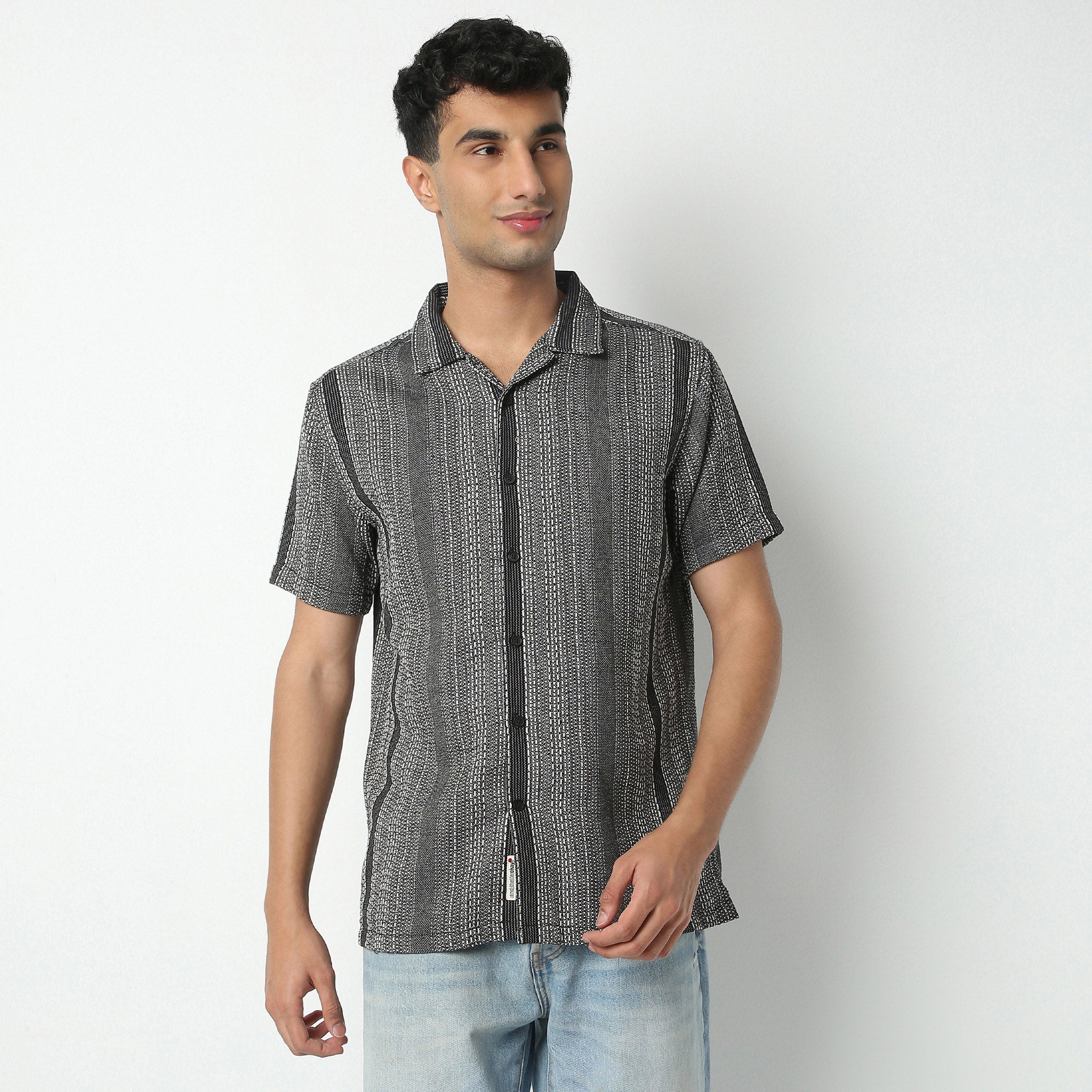 Regular Fit Striped Camp Collar Regular Length Shirt