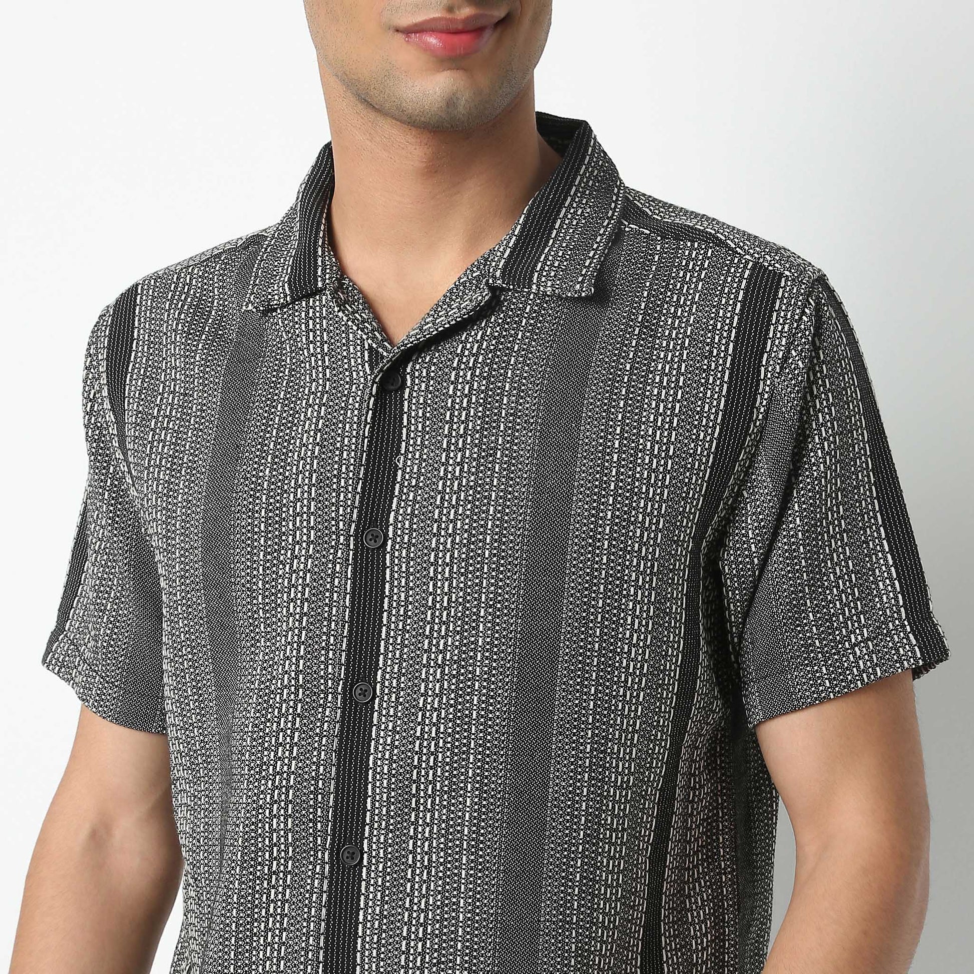 Regular Fit Striped Camp Collar Regular Length Shirt