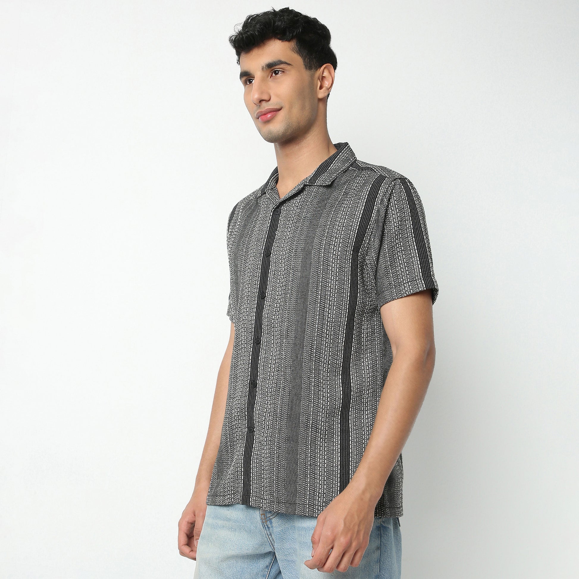 Regular Fit Striped Camp Collar Regular Length Shirt
