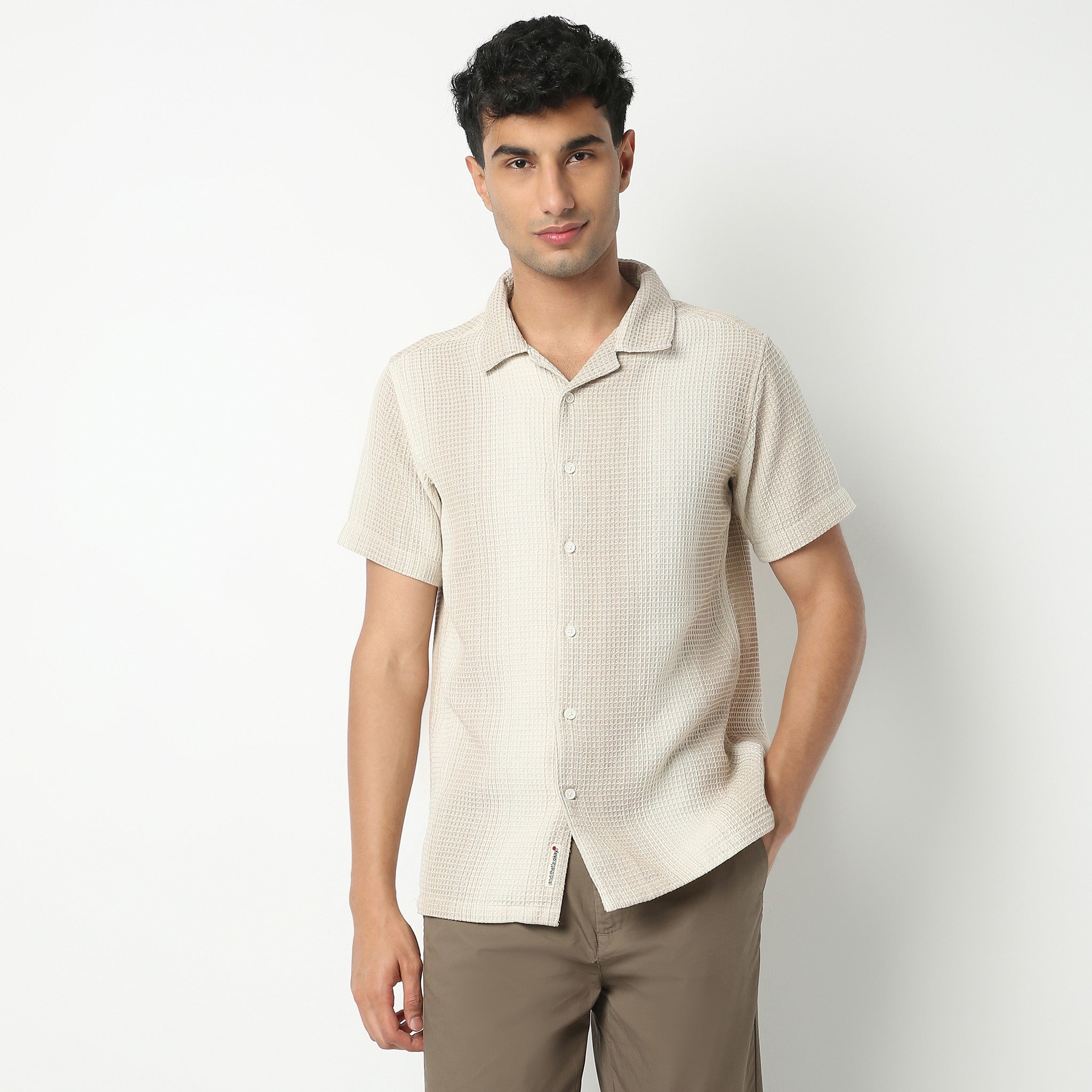 Regular Fit Solid Camp Collar Regular Length Shirt