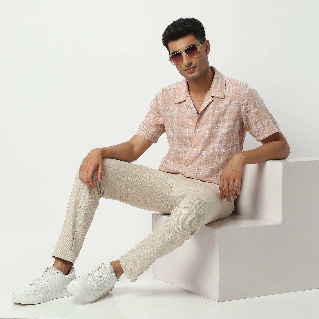 Regular Fit Checkered Camp Collar Shirt