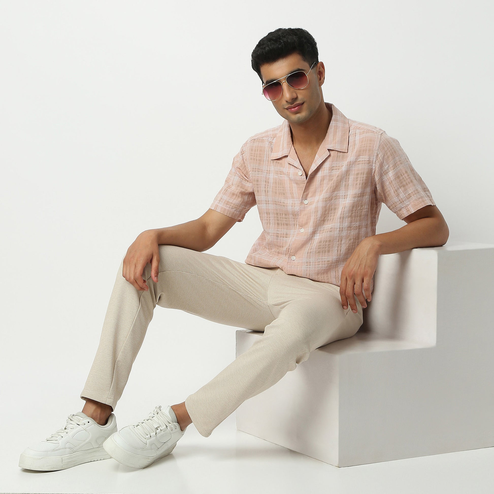 Regular Fit Checkered Camp Collar Shirt