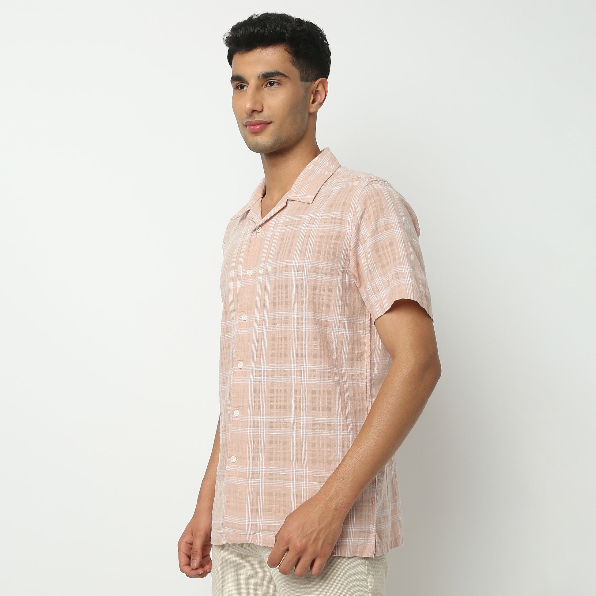 Regular Fit Checkered Camp Collar Shirt