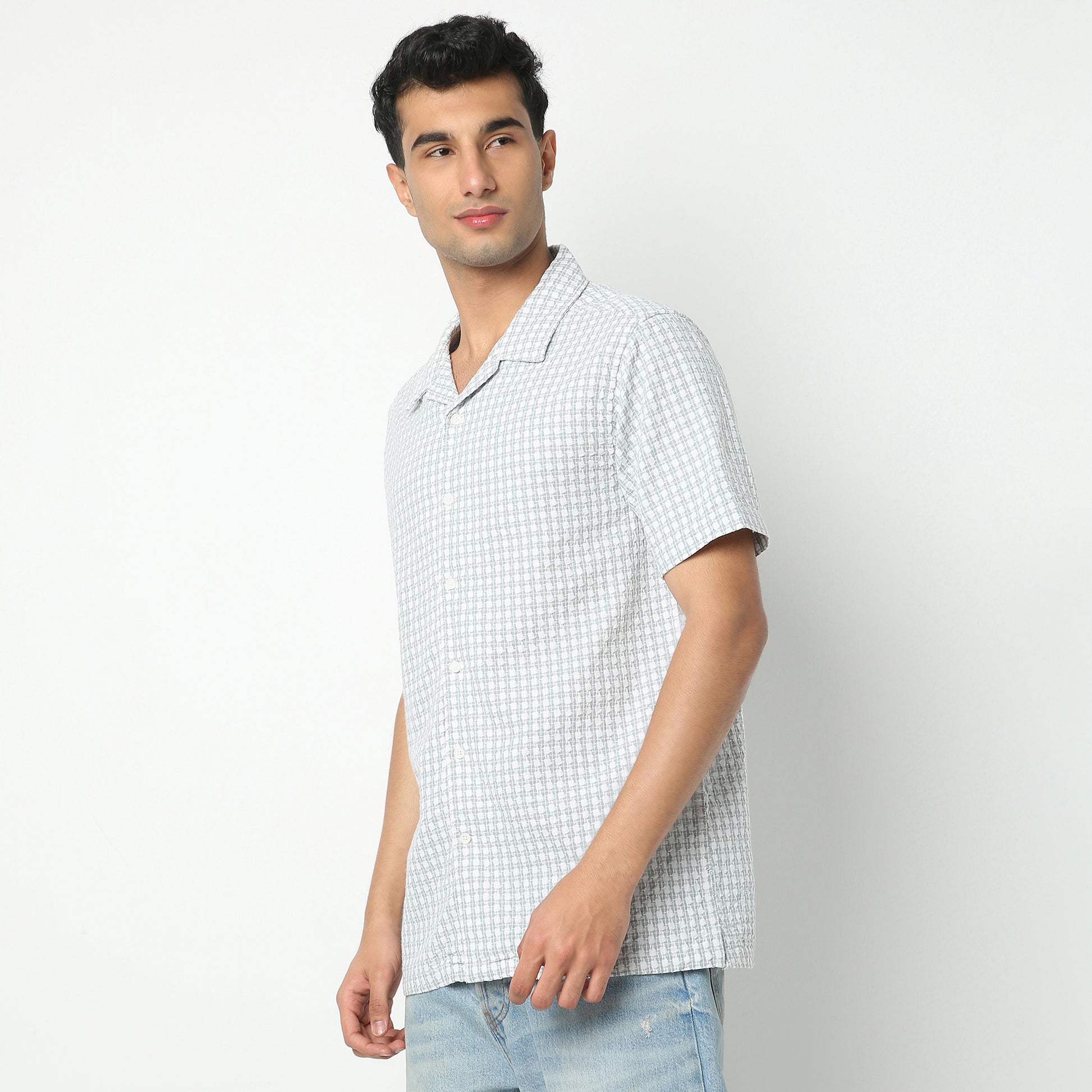 Regular Fit Checkered Camp Collar Shirt