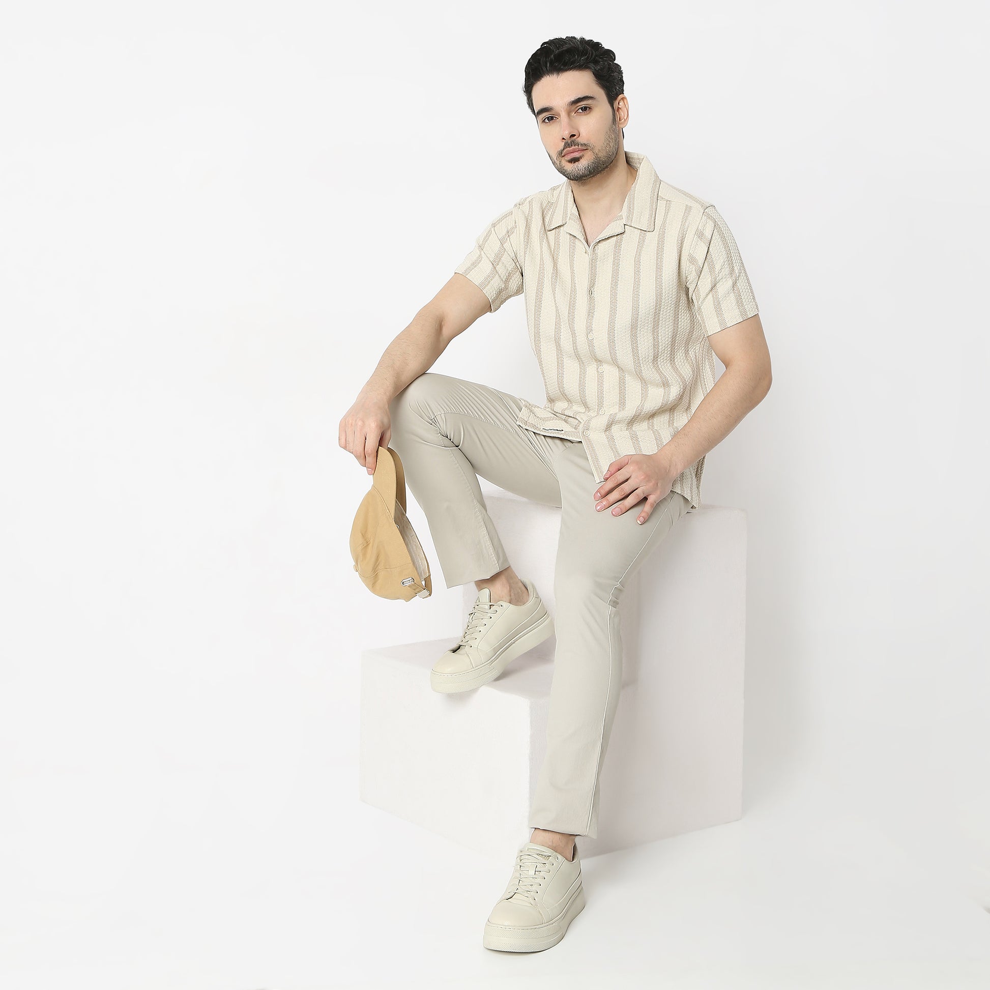 Regular Fit Striped Camp Collar Regular Length Shirt