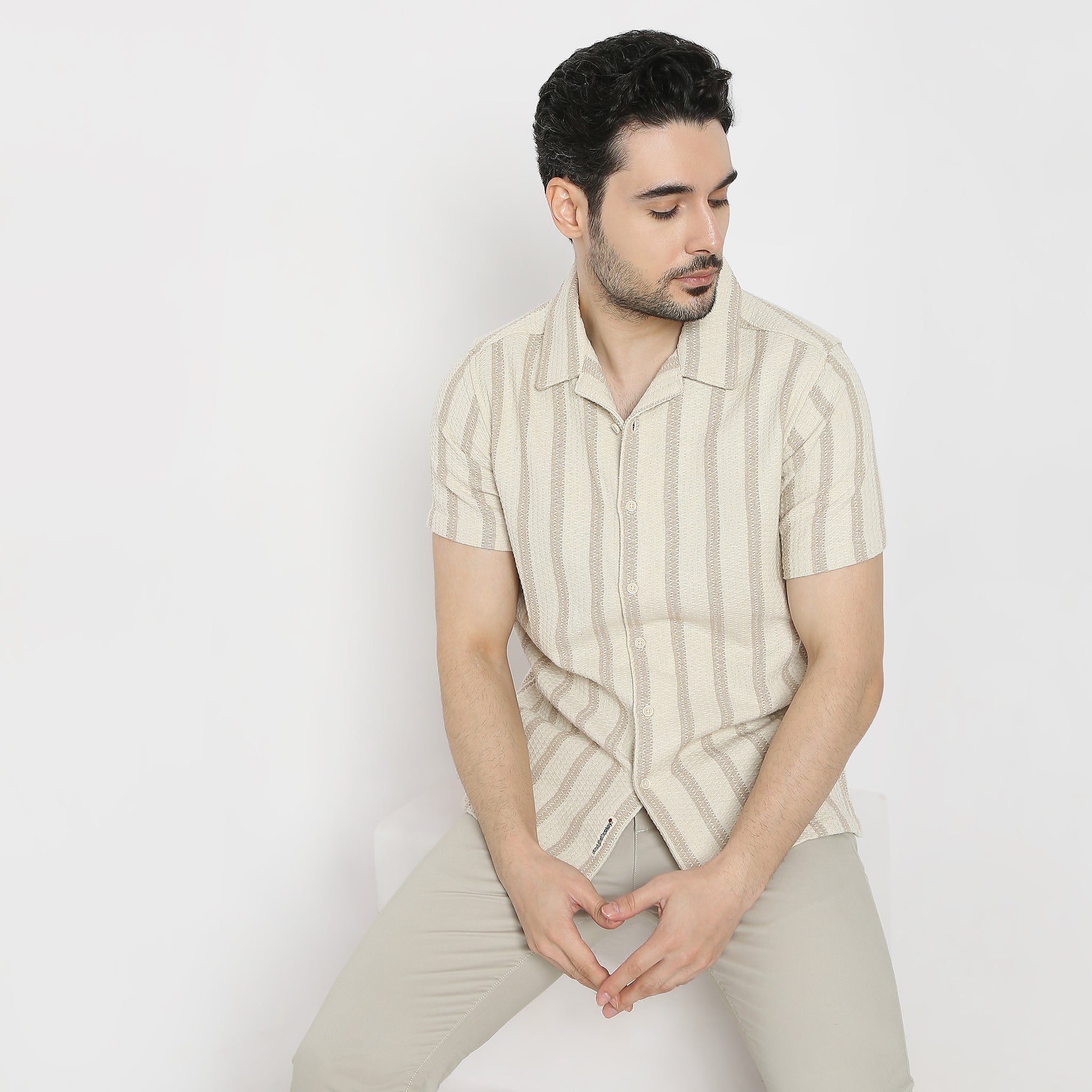 Regular Fit Striped Camp Collar Regular Length Shirt