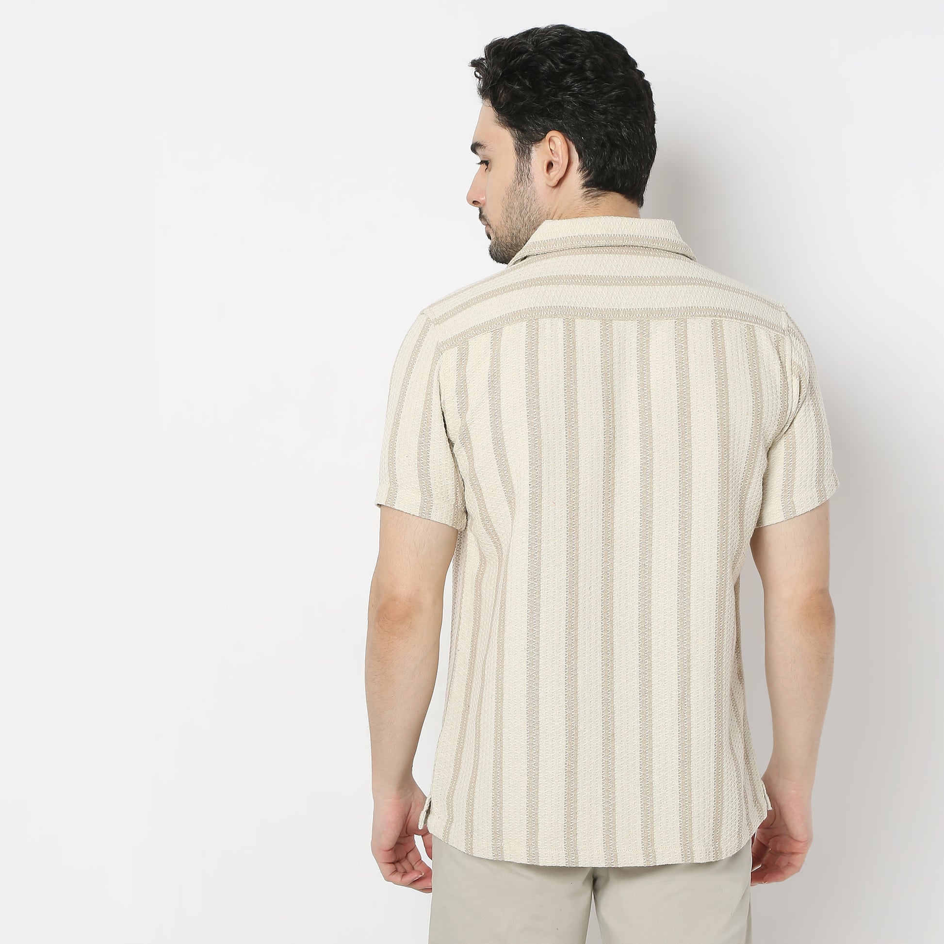 Regular Fit Striped Camp Collar Regular Length Shirt