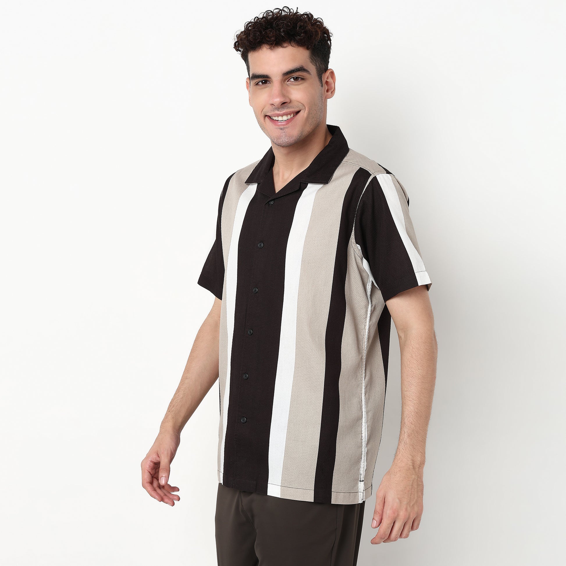 Striped Viscose Camp Collar Shirt