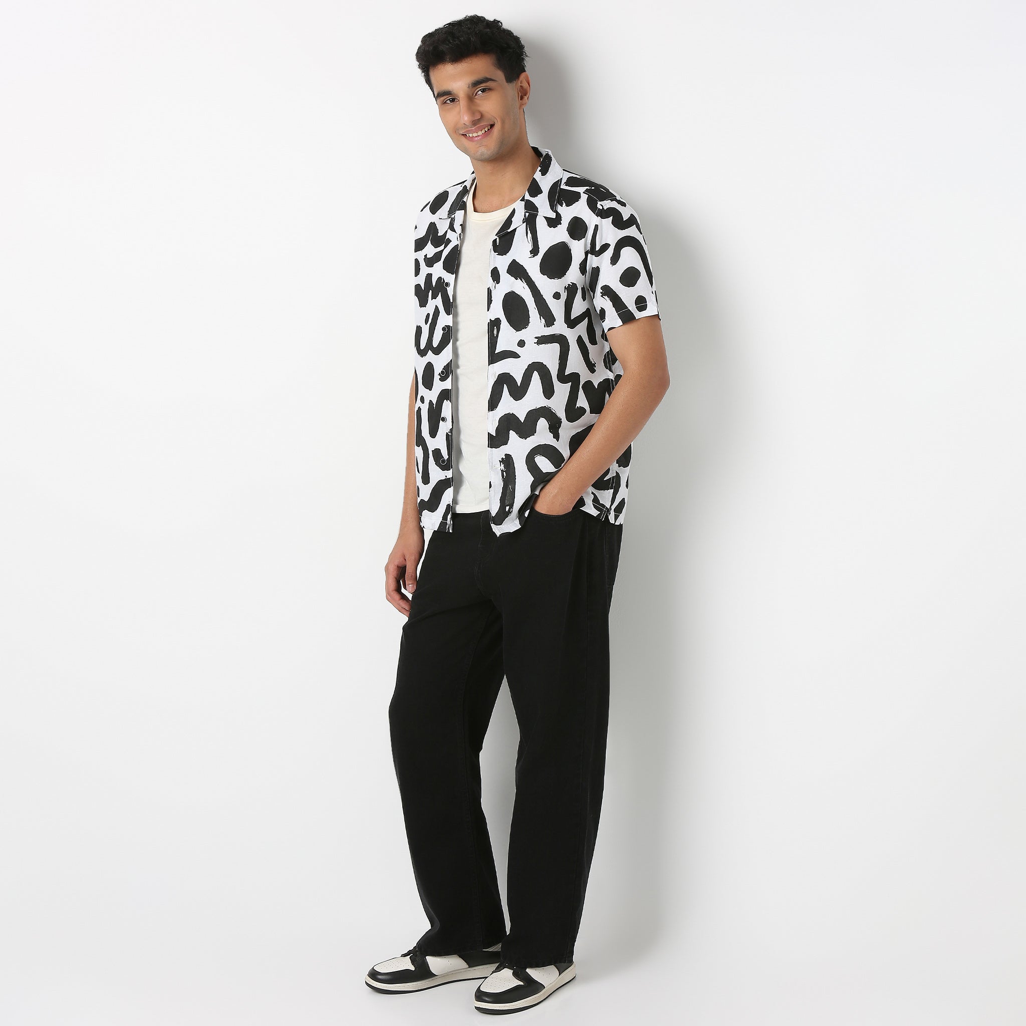 Lininᵉˣ - Linen Enriched Fine Natural Blend Shirts Printed Half Sleeve Camp Collar