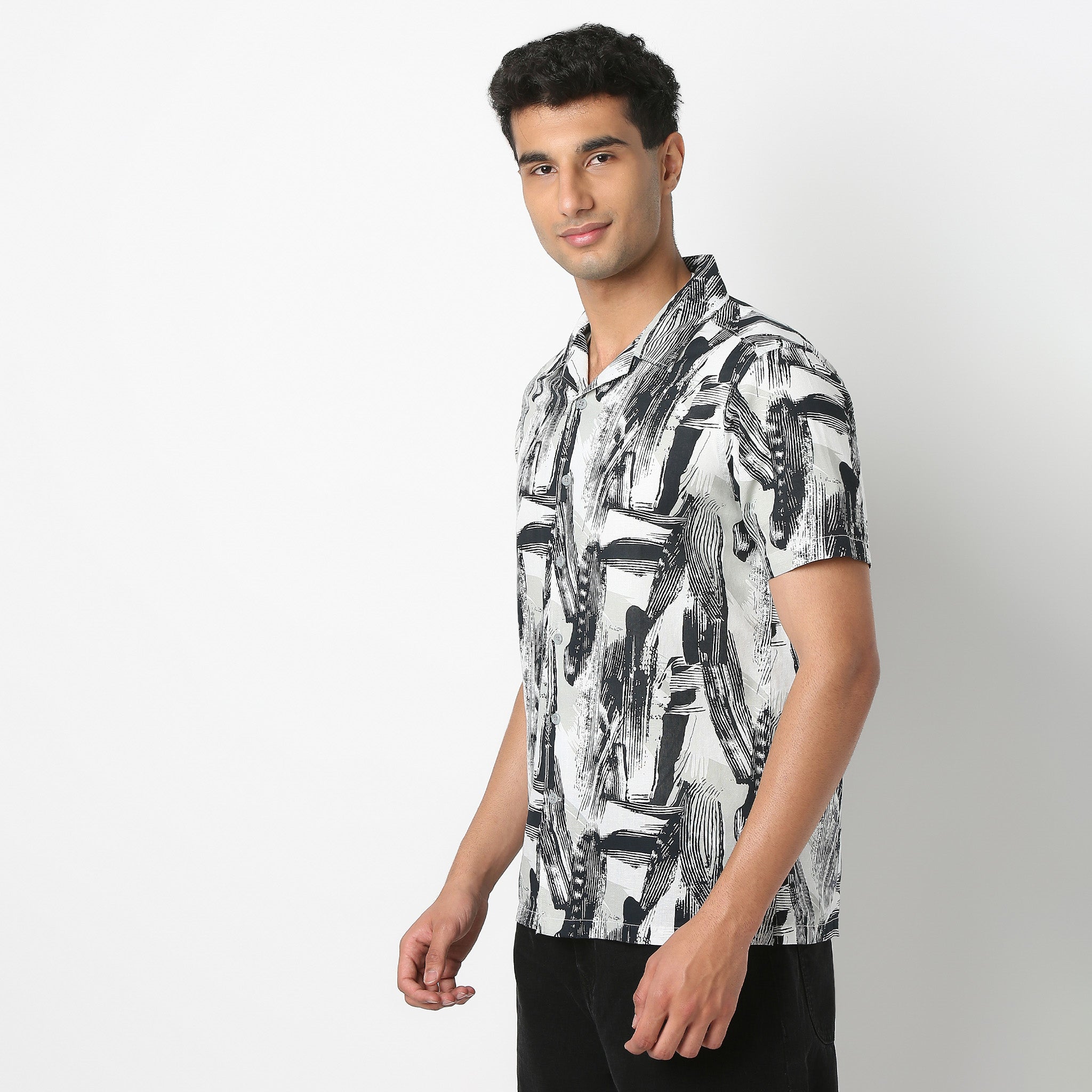 Lininᵉˣ - Linen Enriched Fine Natural Blend Shirts Printed Half Sleeve Camp Collar
