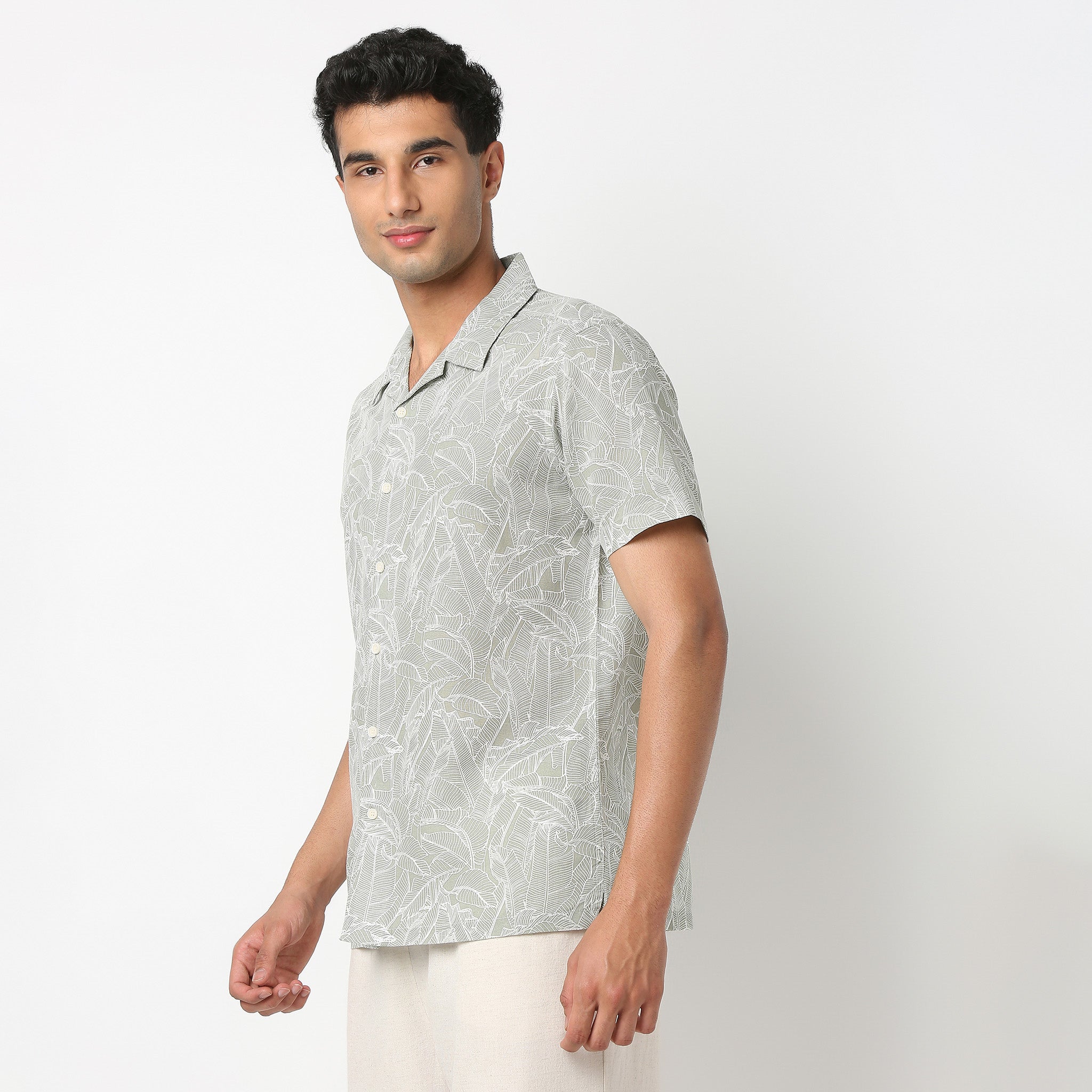 Lininᵉˣ - Linen Enriched Fine Natural Blend Shirts Printed Half Sleeve Camp Collar