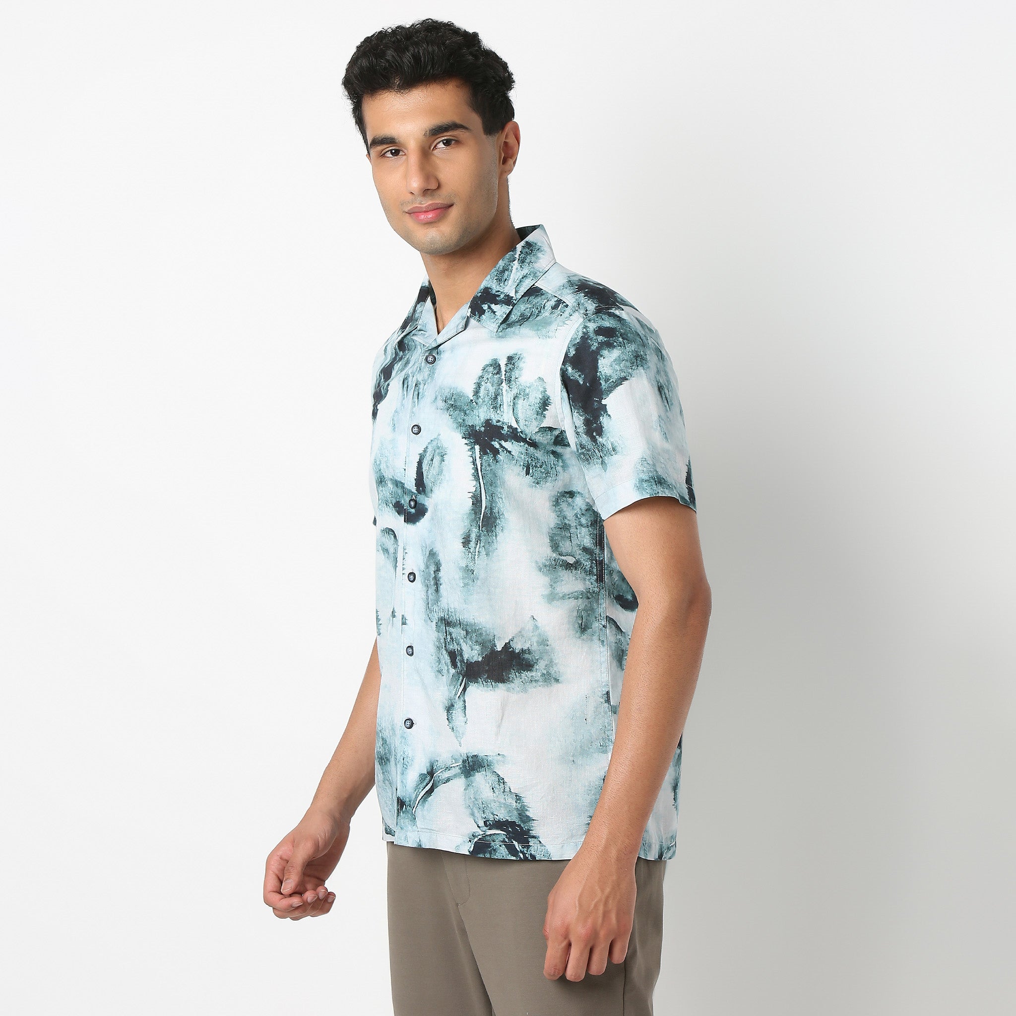 Lininᵉˣ - Linen Enriched Fine Natural Blend Shirts Printed Half Sleeve Camp Collar