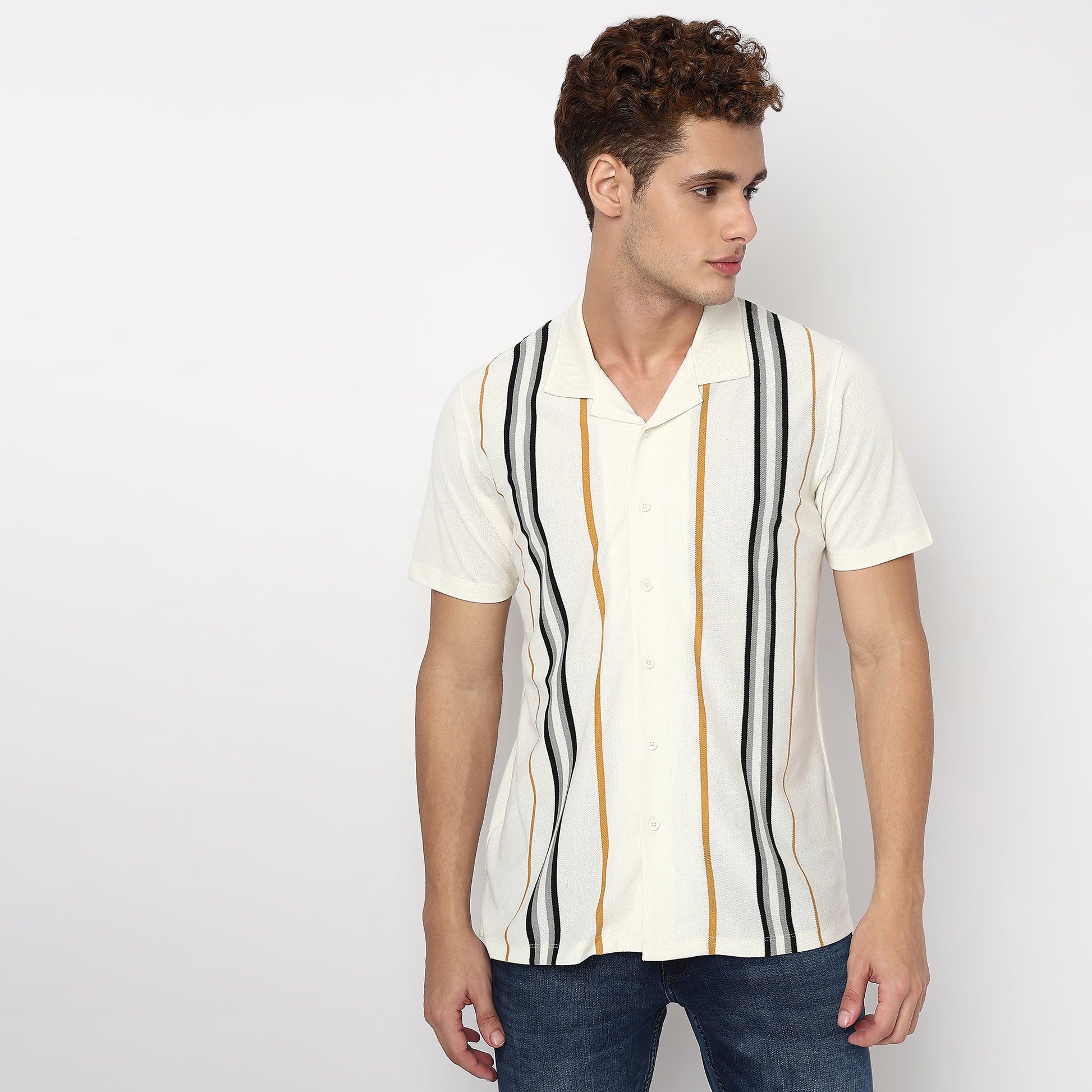 Striped Camp Collar University Half Sleeve Shirt