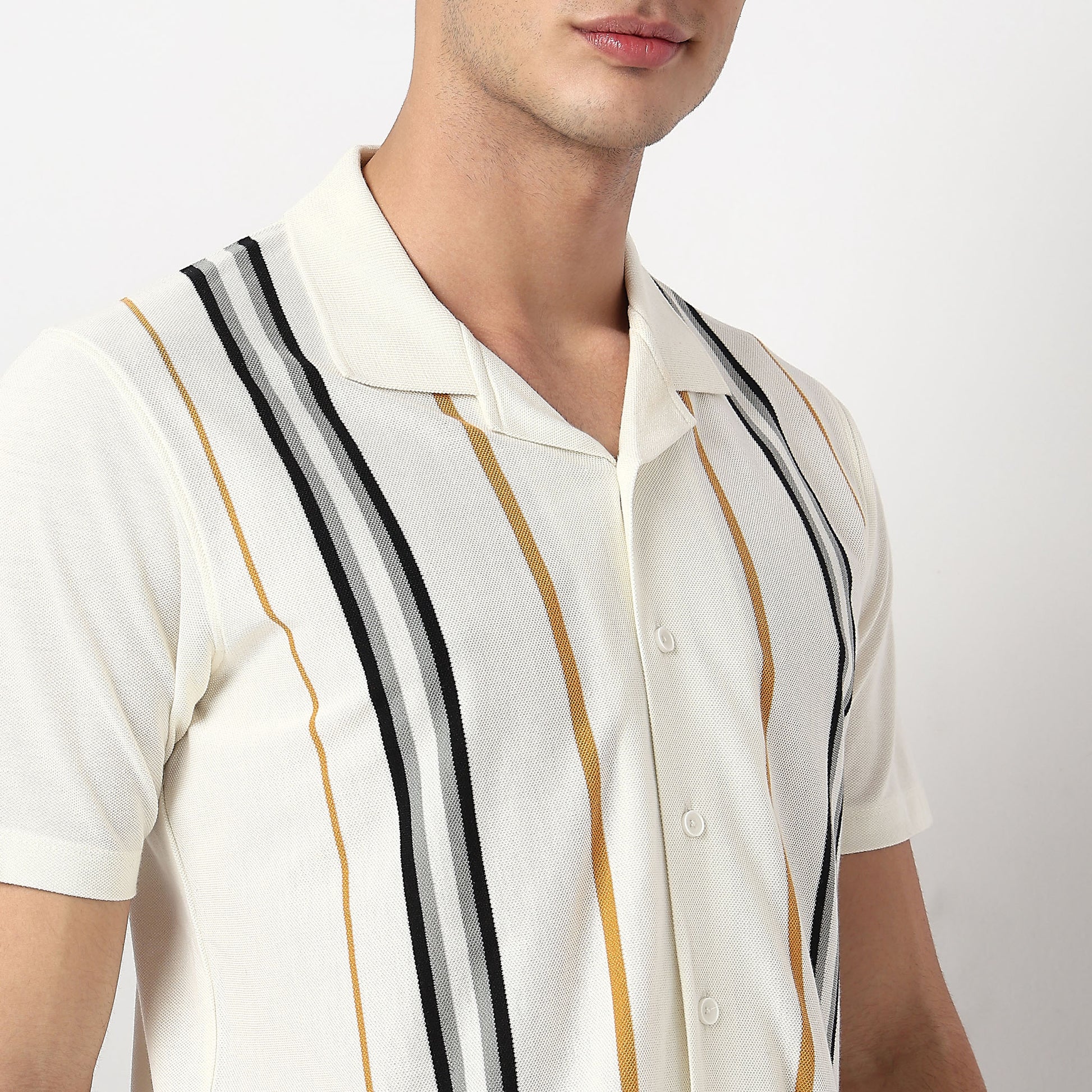 Striped Camp Collar University Half Sleeve Shirt