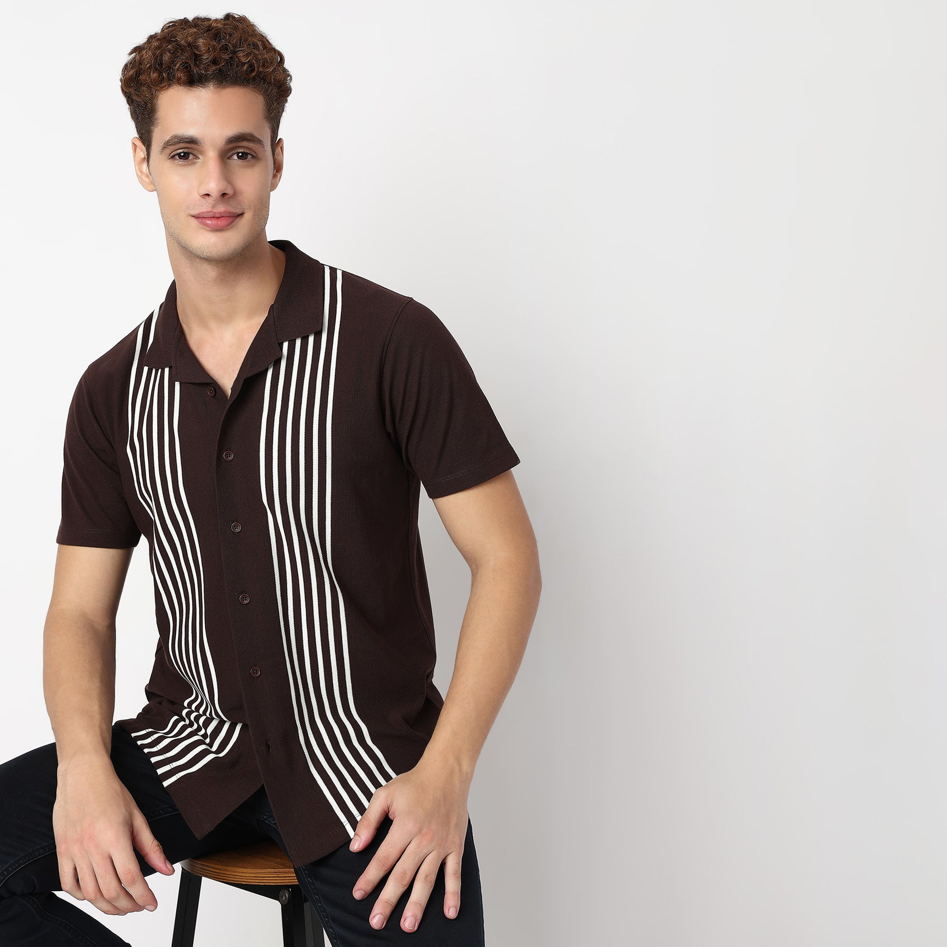 Knitted Striped Camp Collar Half Sleeve Shirt