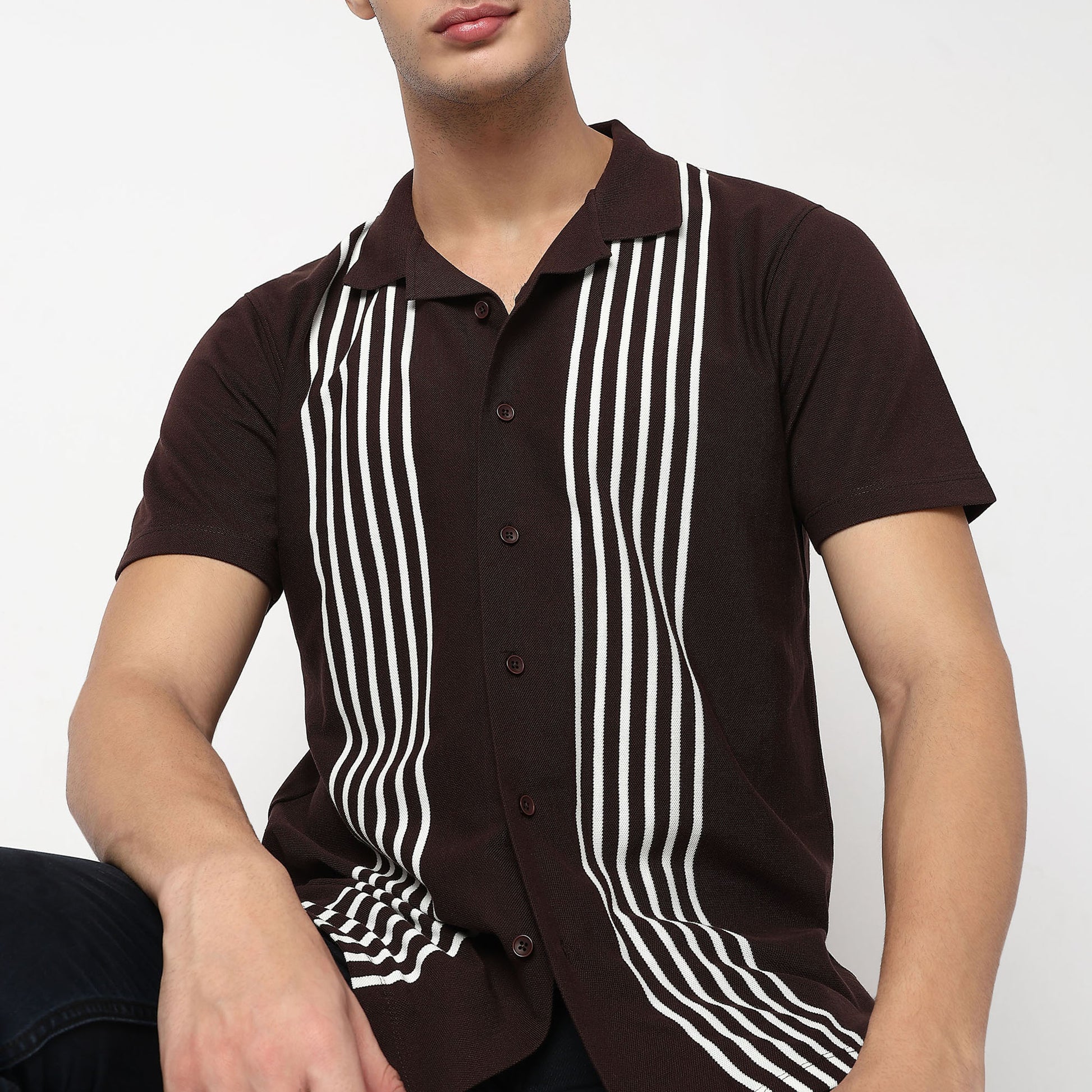 Knitted Striped Camp Collar Half Sleeve Shirt