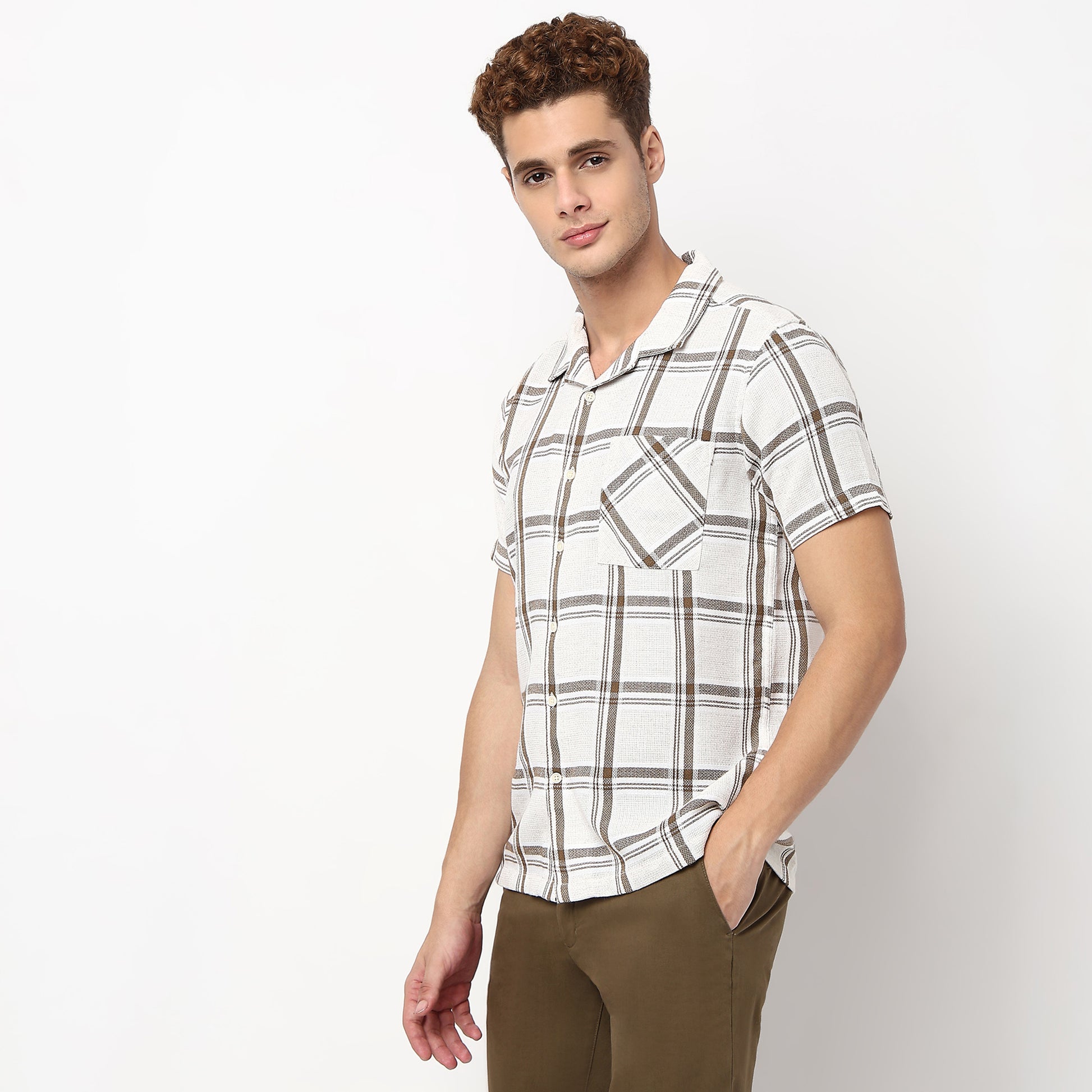 Checkered Camp Collar Cuban Half Sleeve Shirt