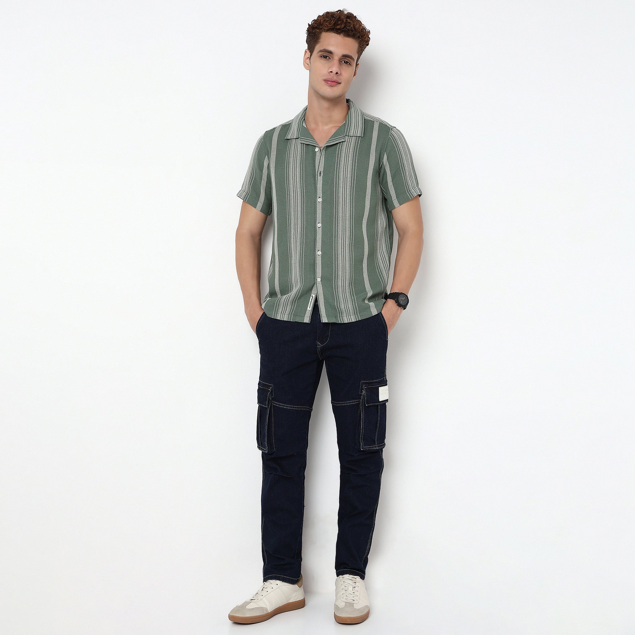 Striped Camp Collar Cuban Half Sleeve Shirt