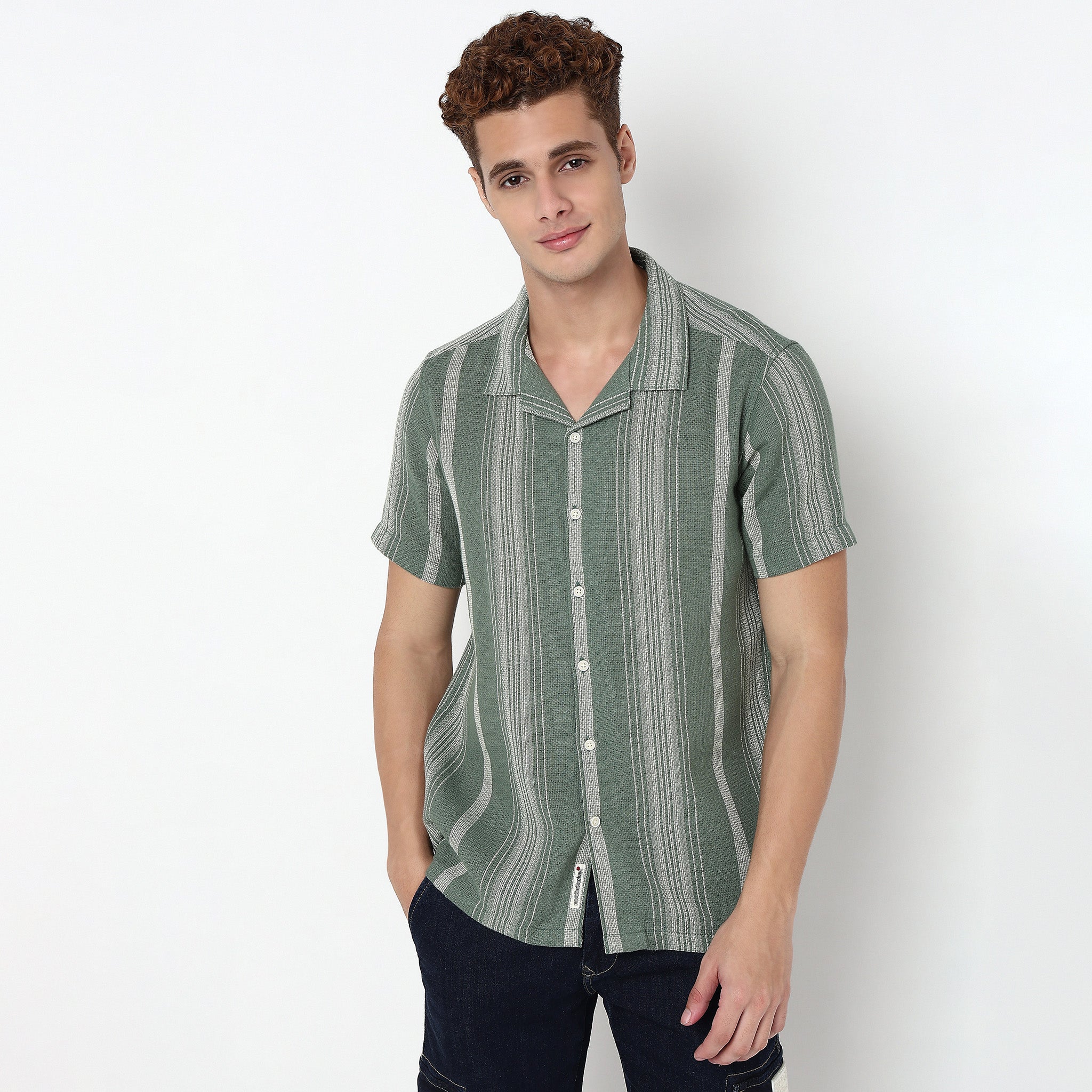 Striped Camp Collar Cuban Half Sleeve Shirt