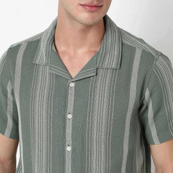 Striped Camp Collar Cuban Half Sleeve Shirt