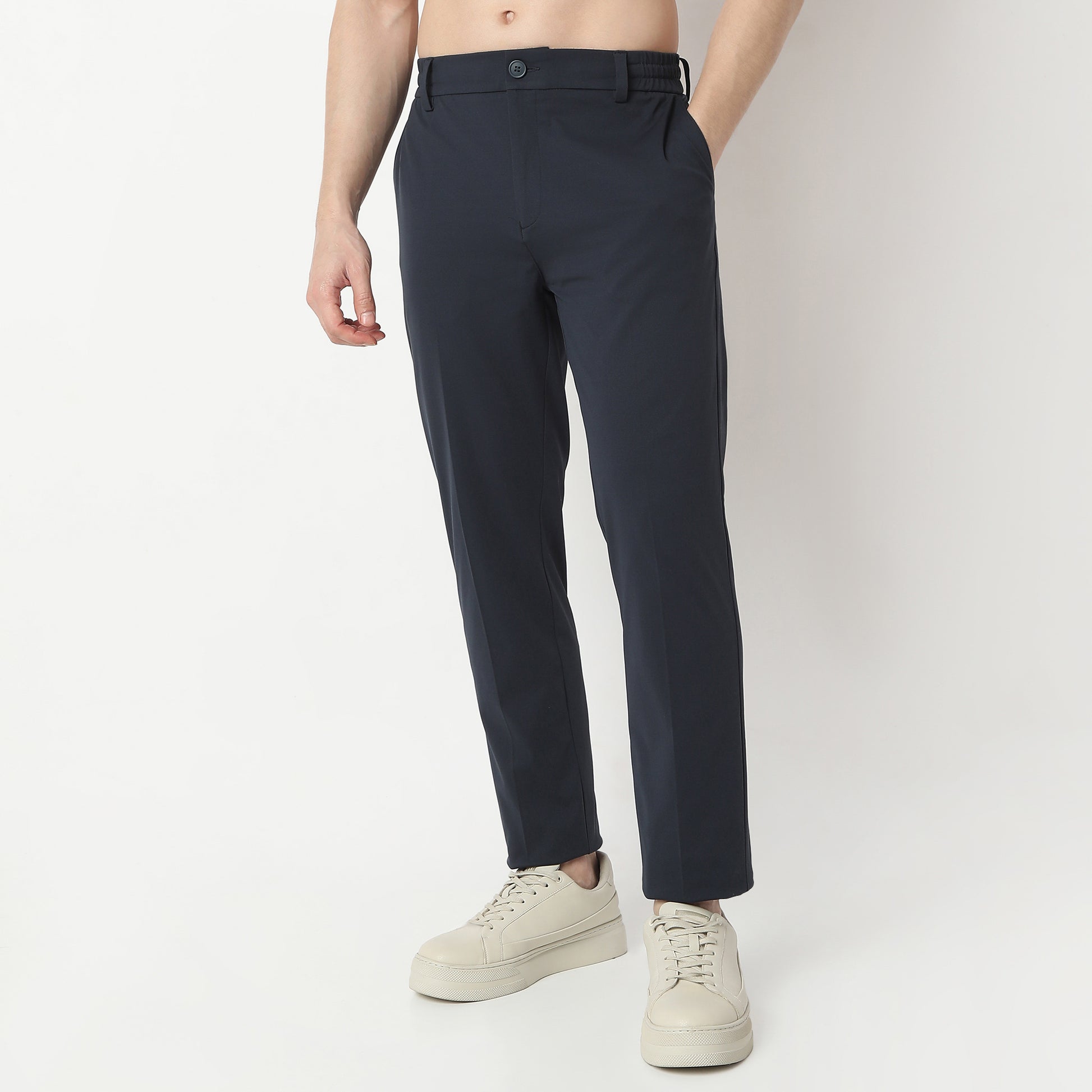Regular Fit Solid Mid Rise Trousers