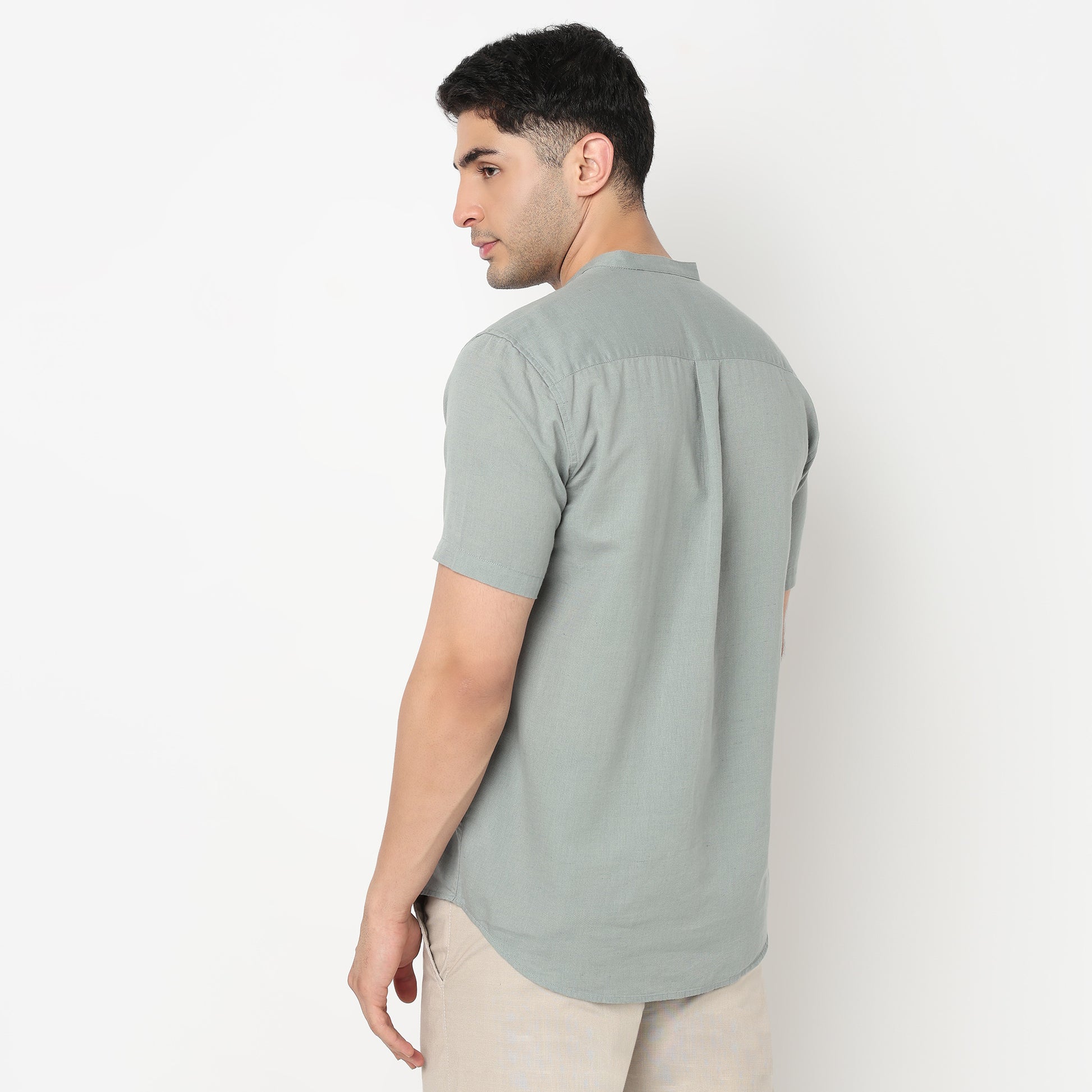 Linen Enriched Fine Natural Blend Shirt Half Sleeve Band Collar