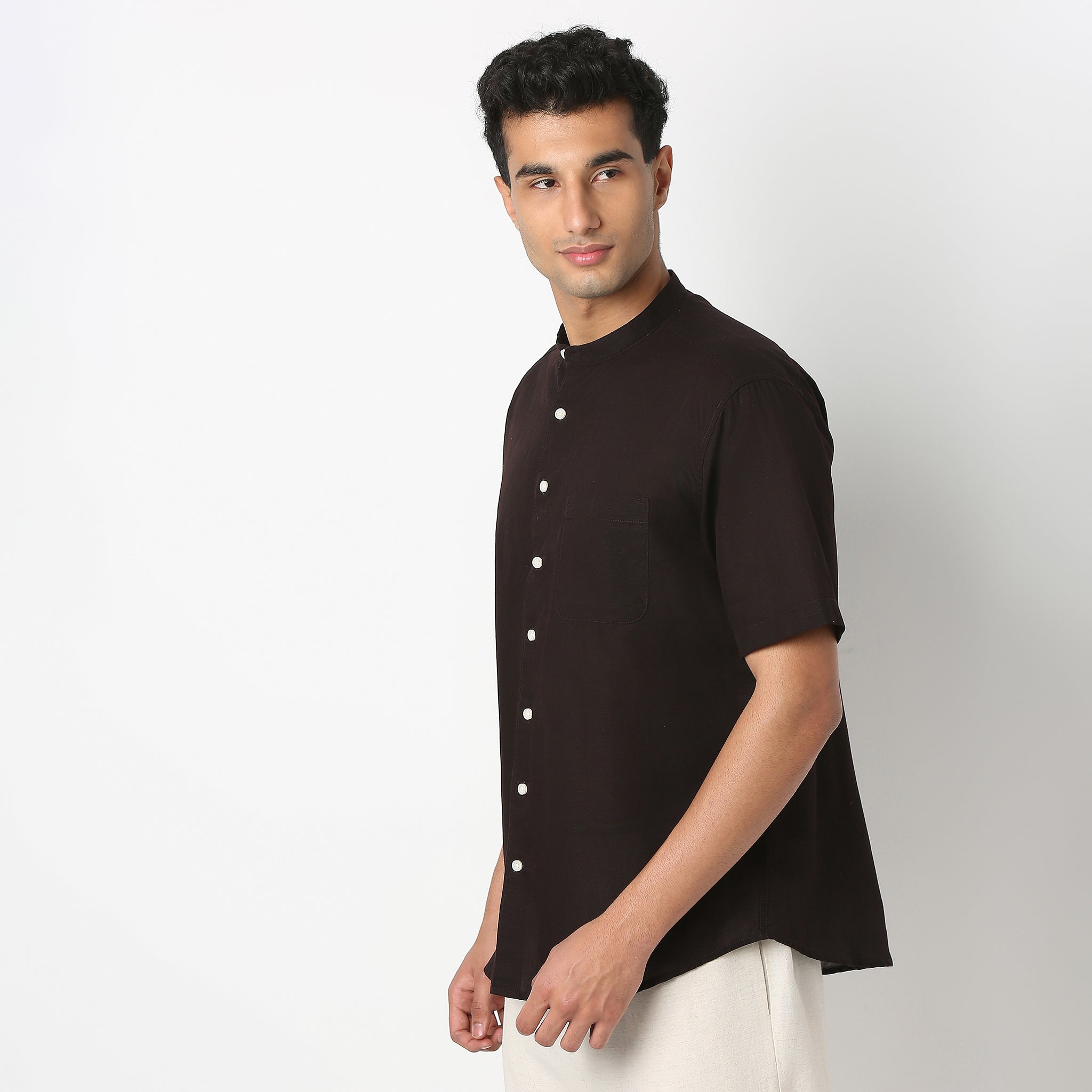 Lininᵉˣ - Linen Enriched Fine Natural Blend Shirt Half Sleeve Band Collar