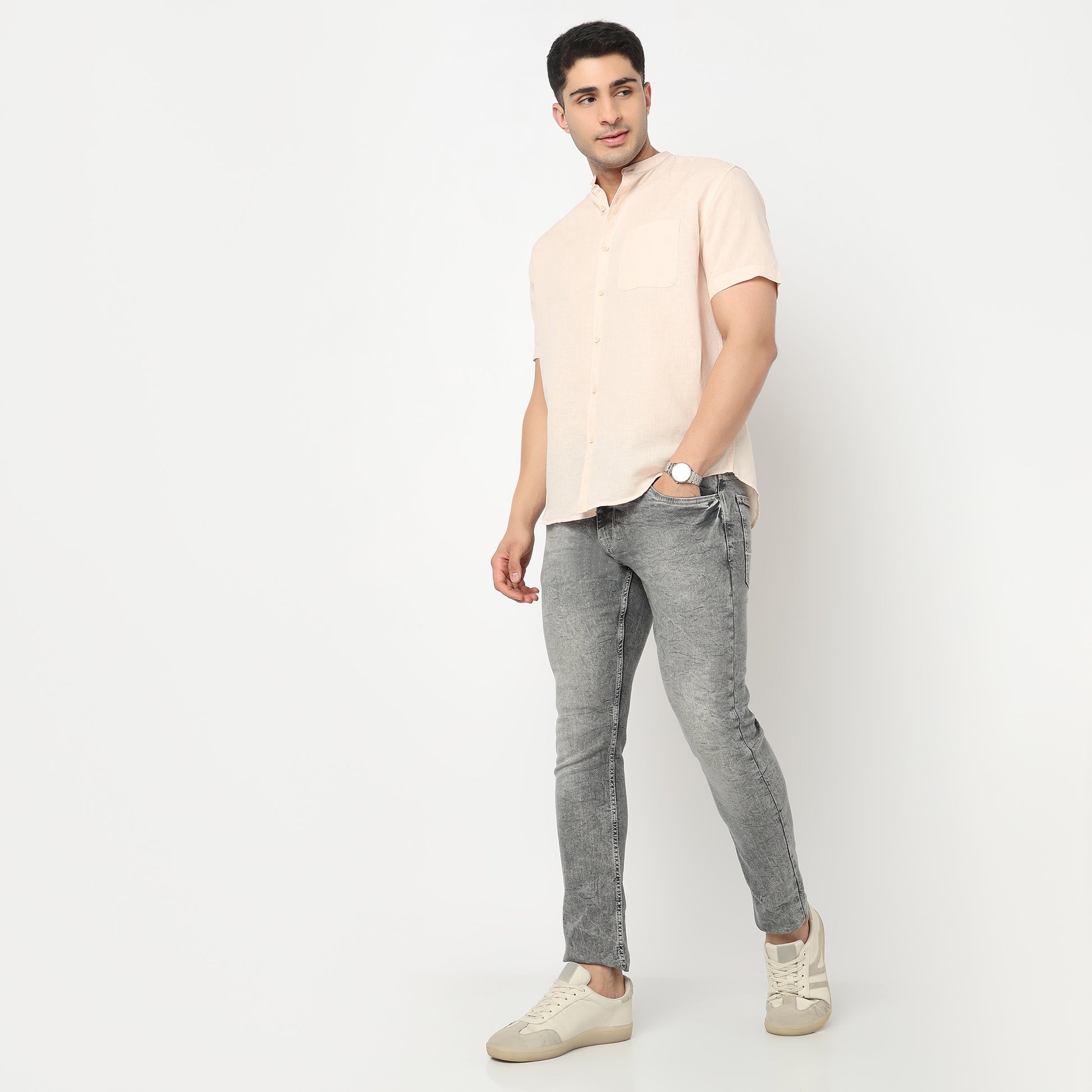 Linen Enriched Fine Natural Blend Shirt Half Sleeve Band Collar