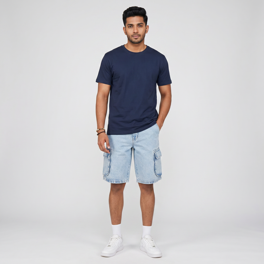 Solid Mid Rise Cargo Shorts