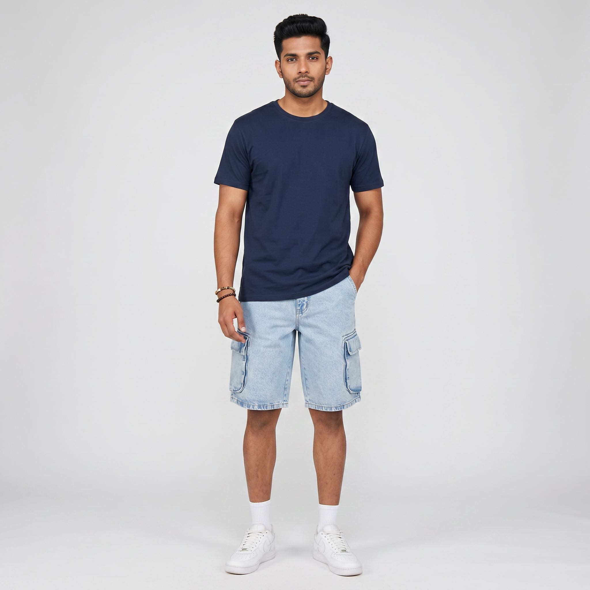 Solid Mid Rise Cargo Shorts