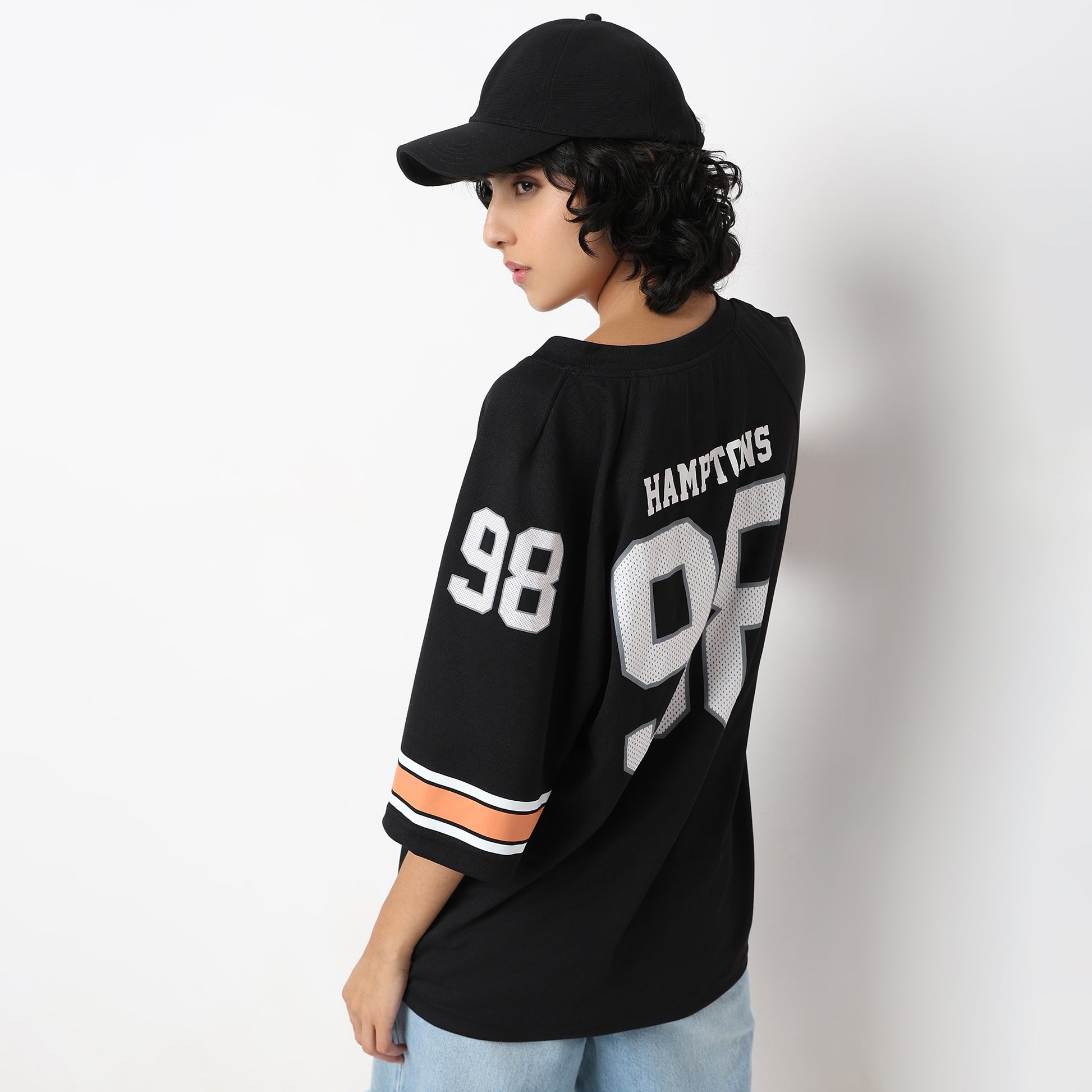 Oversize Printed Above Knee V-Neck Sporty T-Shirt