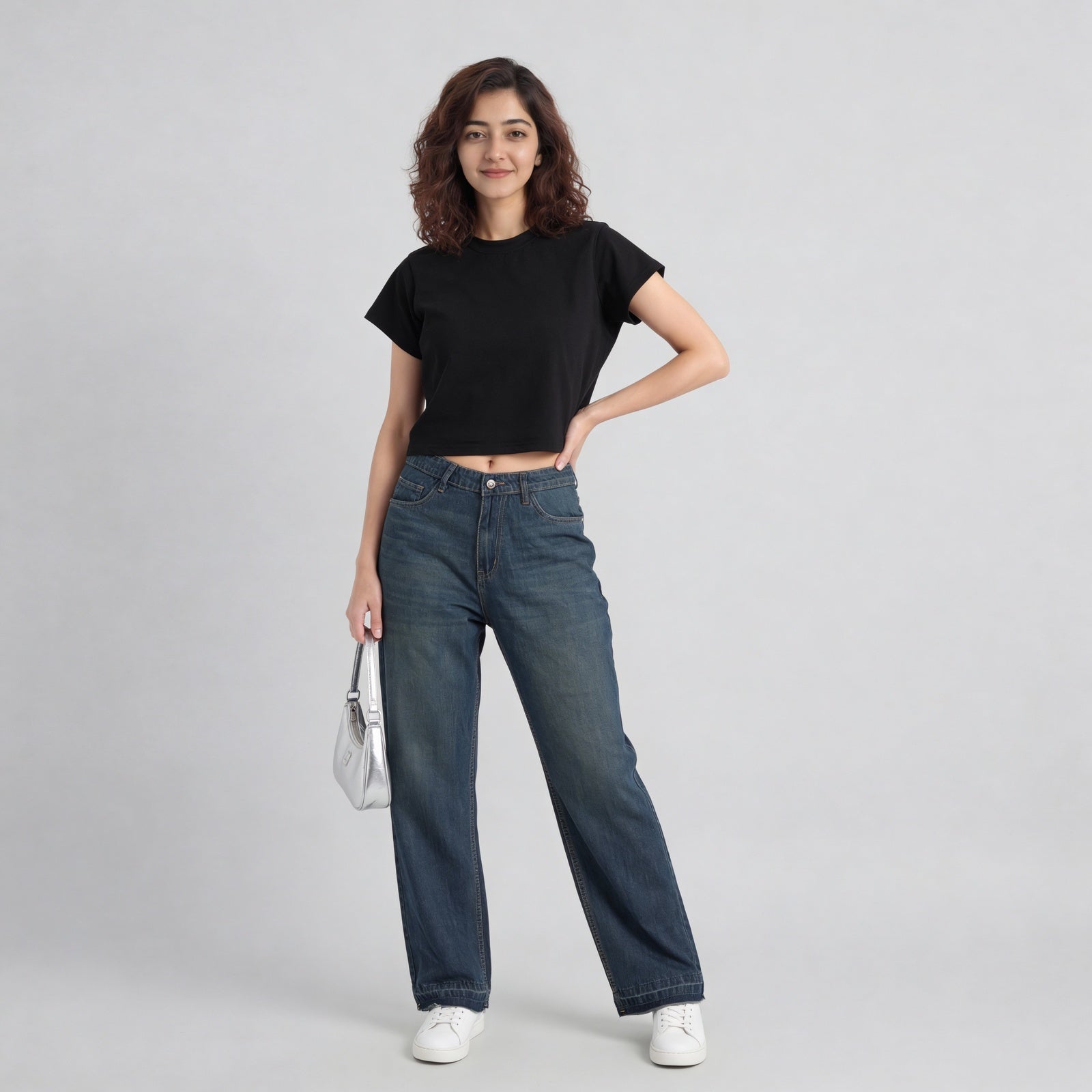 Solid Slim Fit Cropped T-Shirt